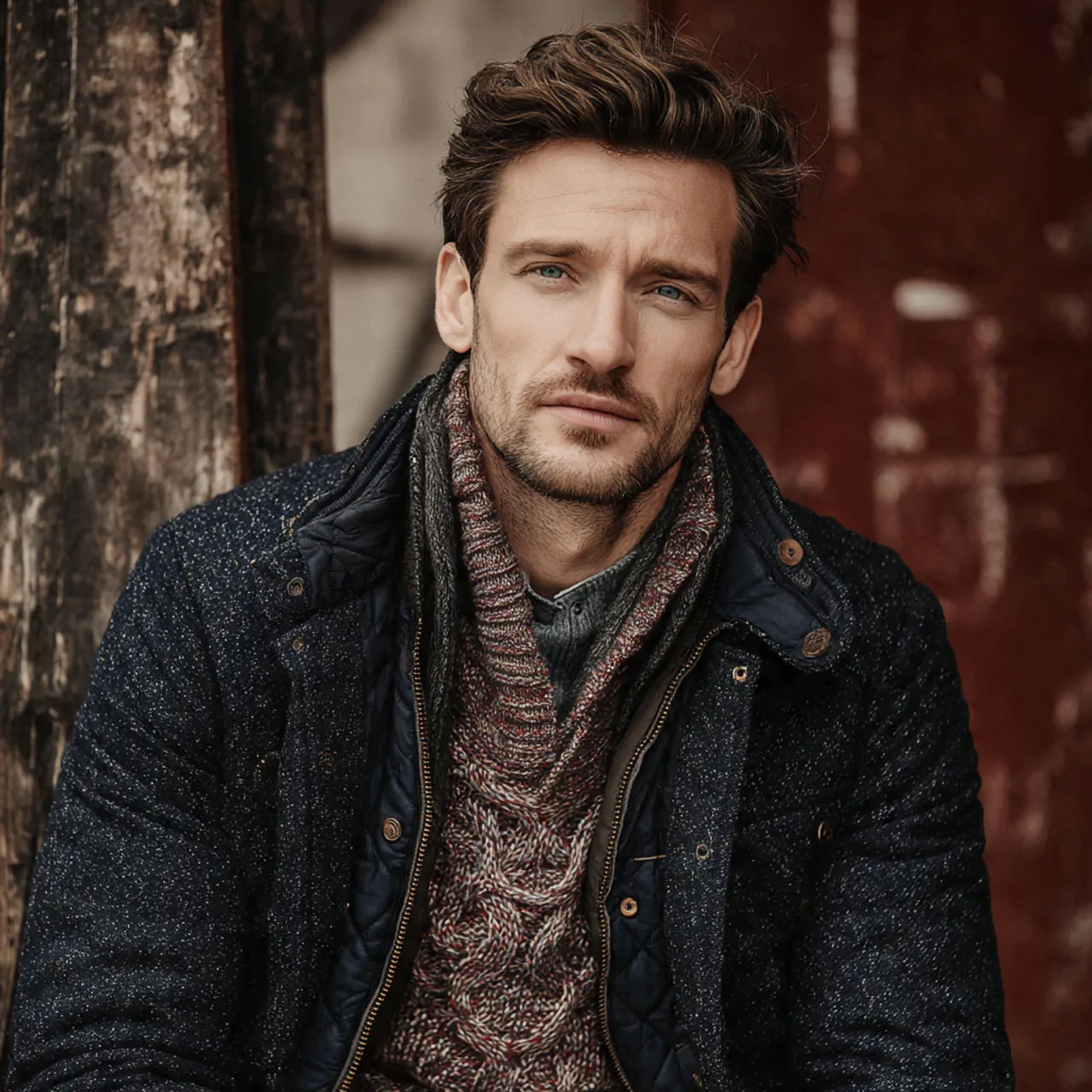 create a real man image wearing quilted jacket wit