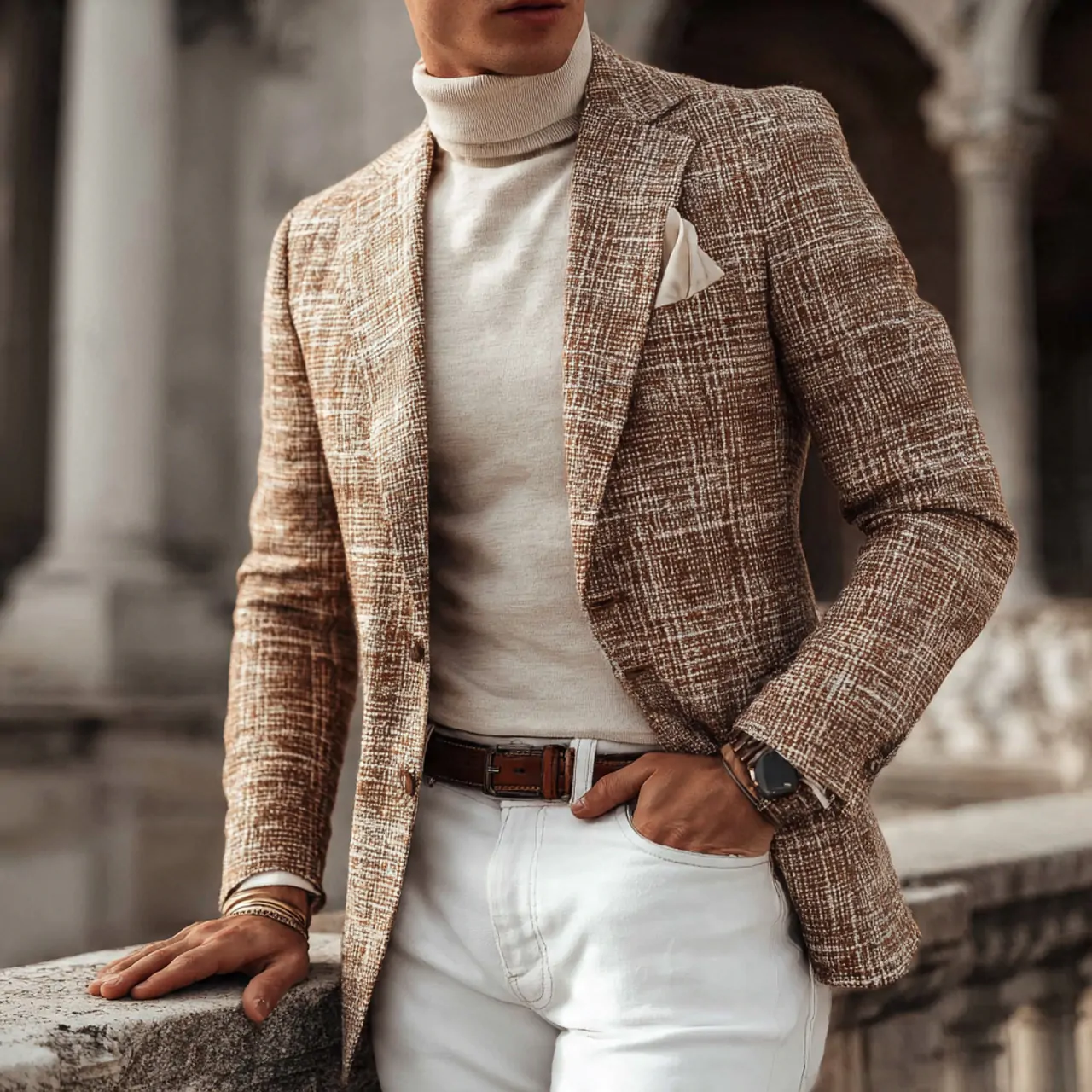 create a real man image wearing wool blazer with o