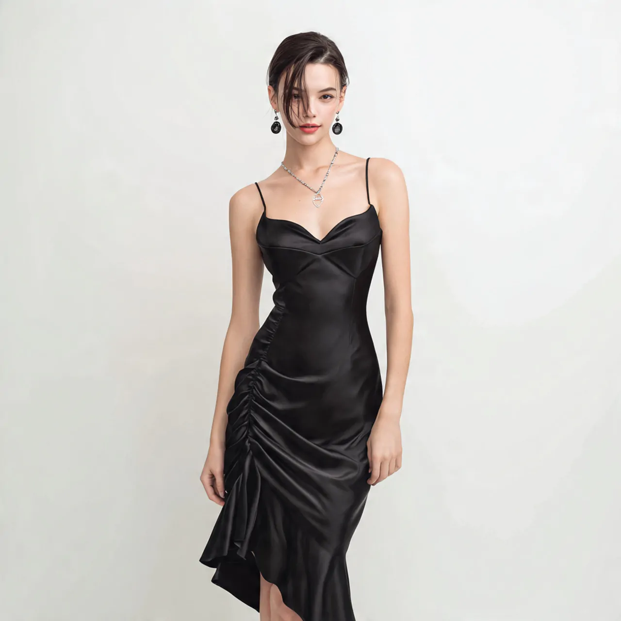create a woman image satin slip dress with clean l