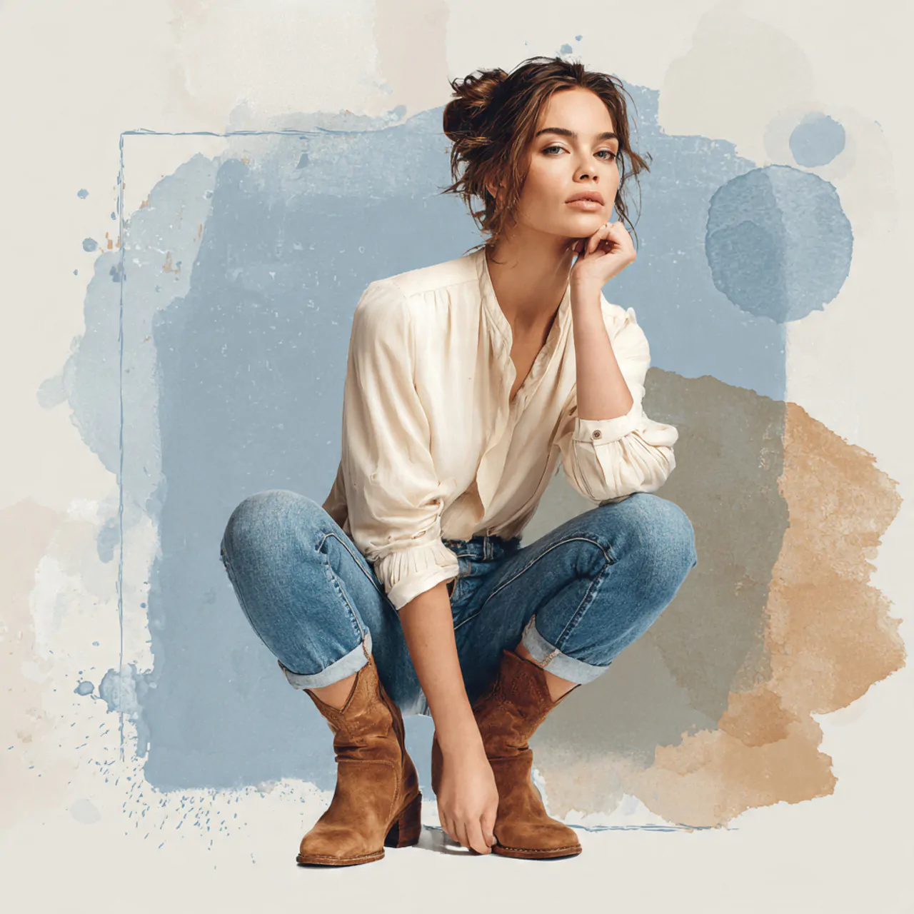 create a woman image wearing cream blouse with blu