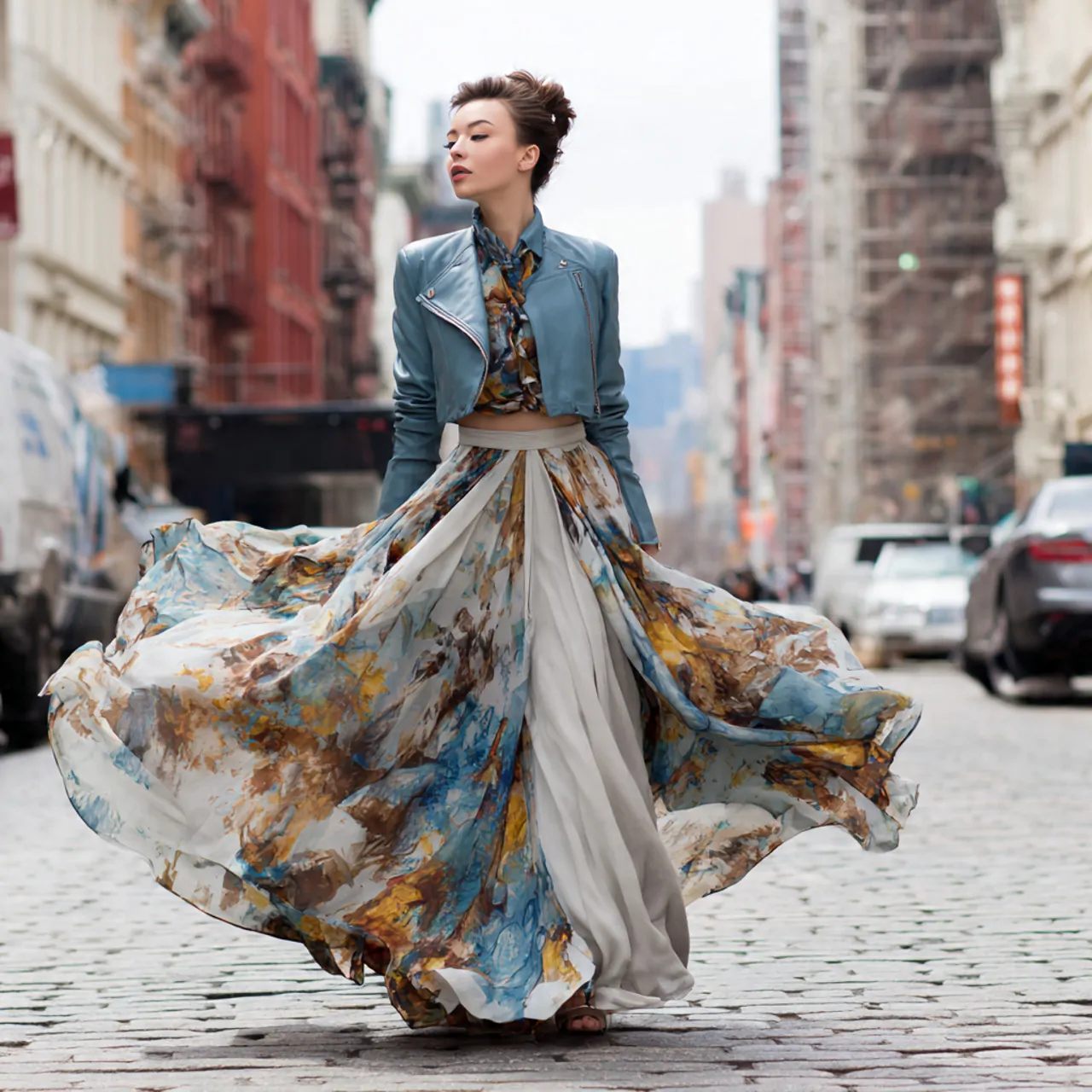create a woman image wearing cropped jacket with a