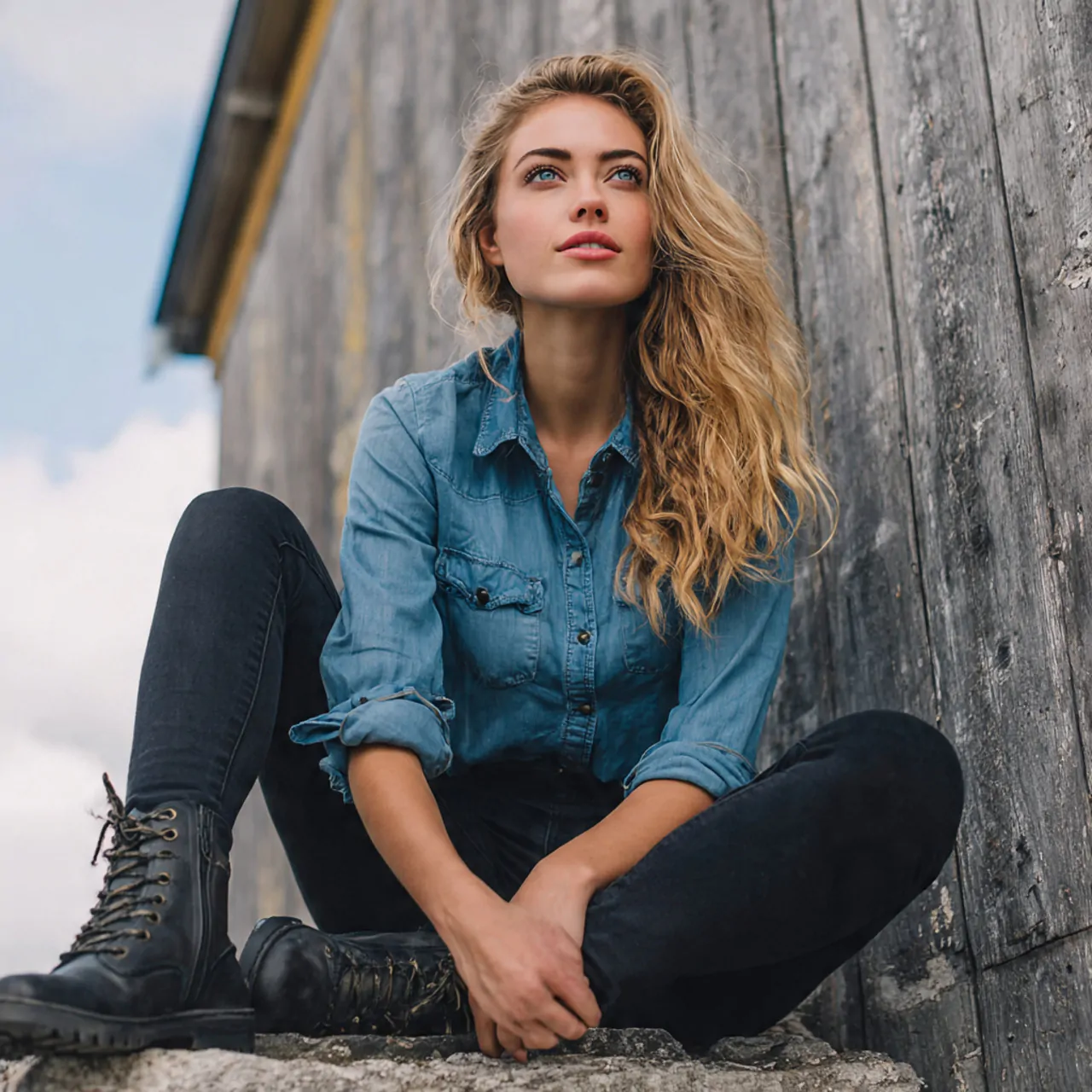 create a woman image wearing denim shirt with blac
