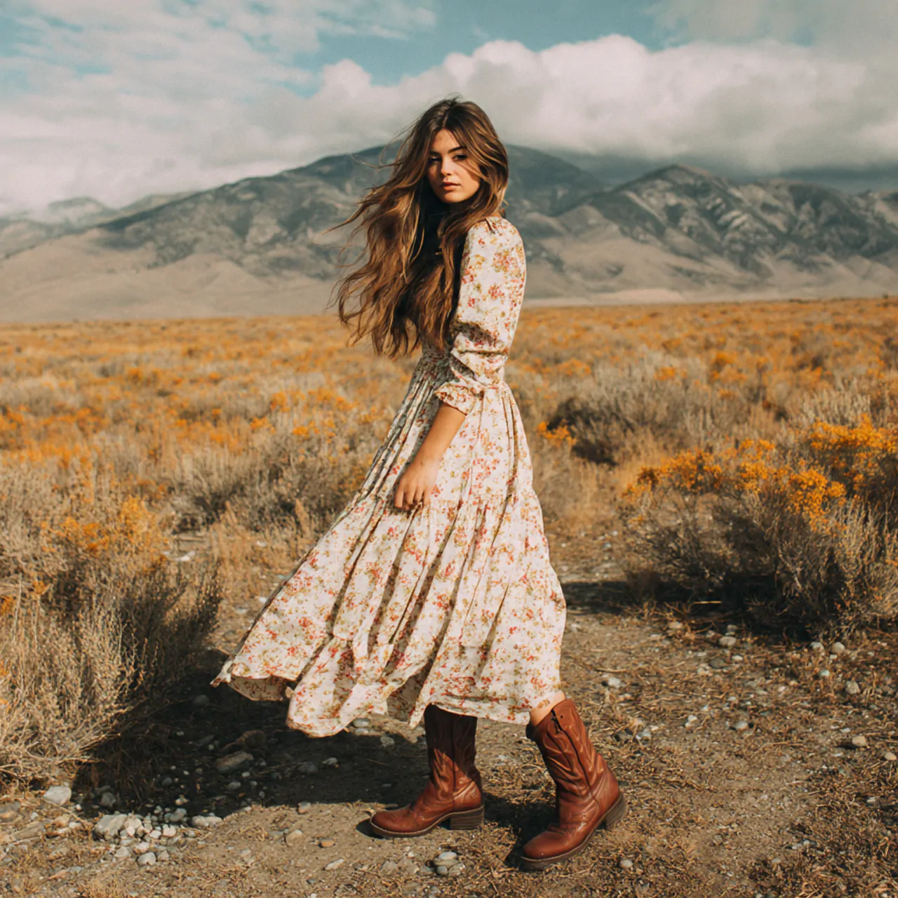 create a woman image wearing flowy floral midi dre