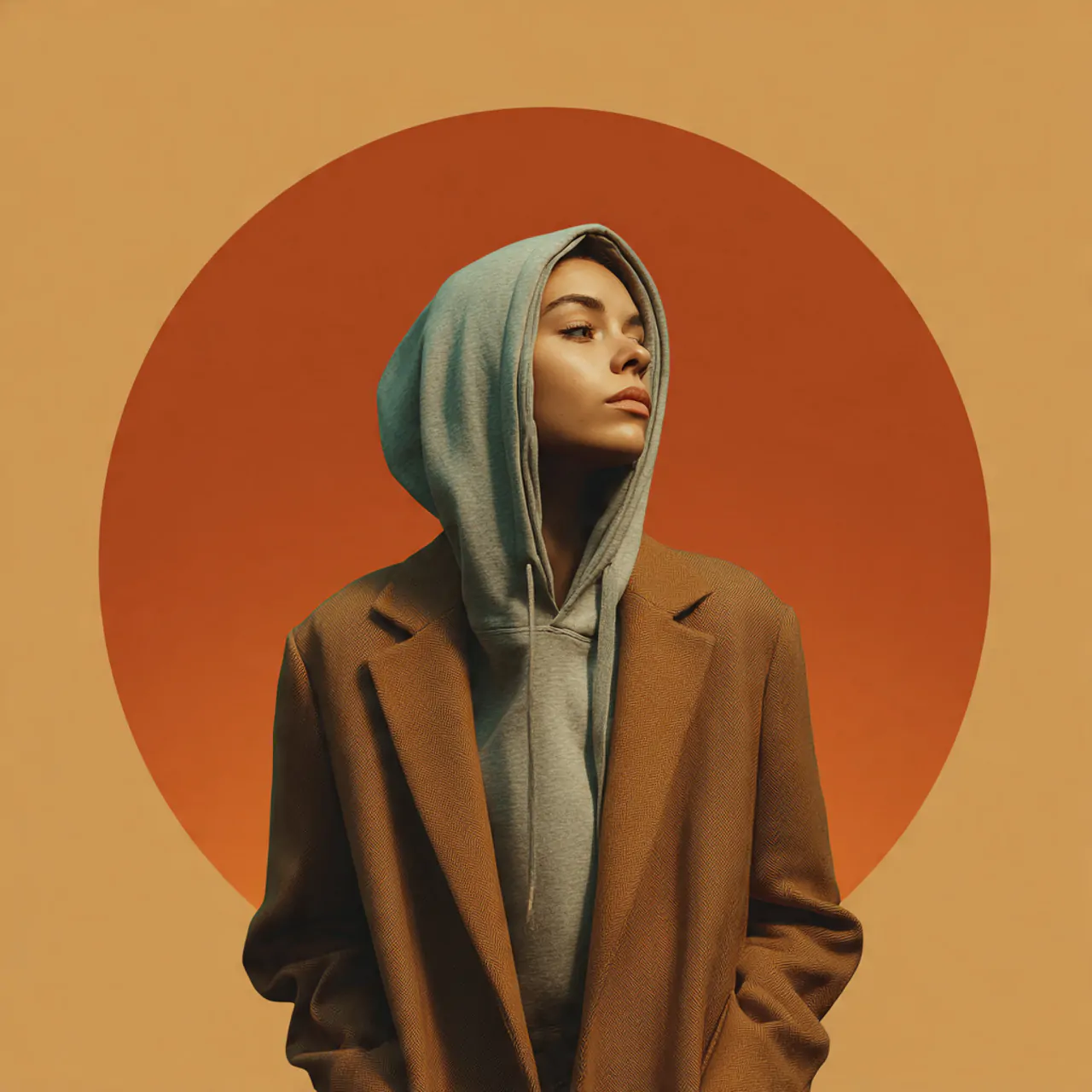 create a woman image wearing hoodie under a tailor 1