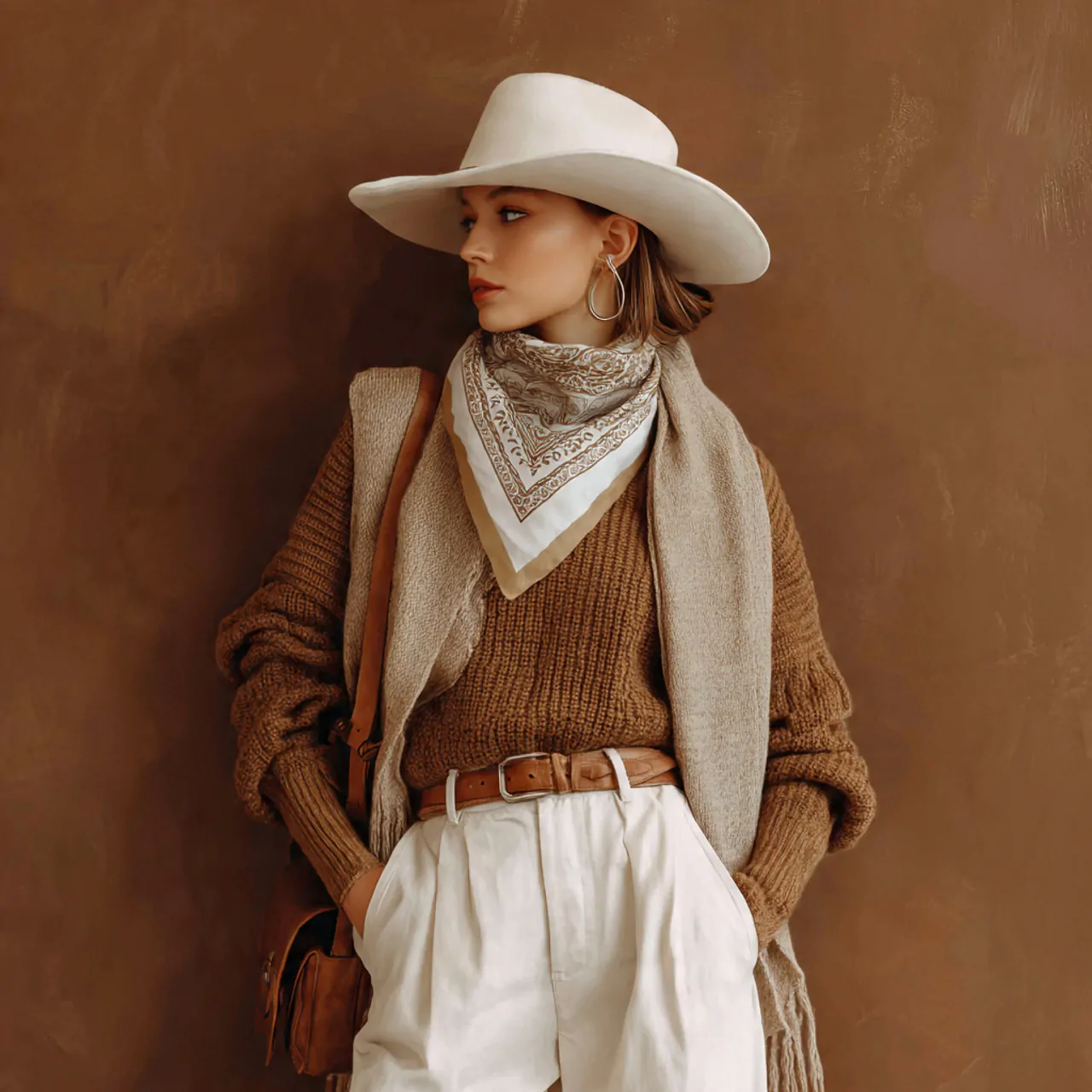 create a woman image wearing neutral matching set