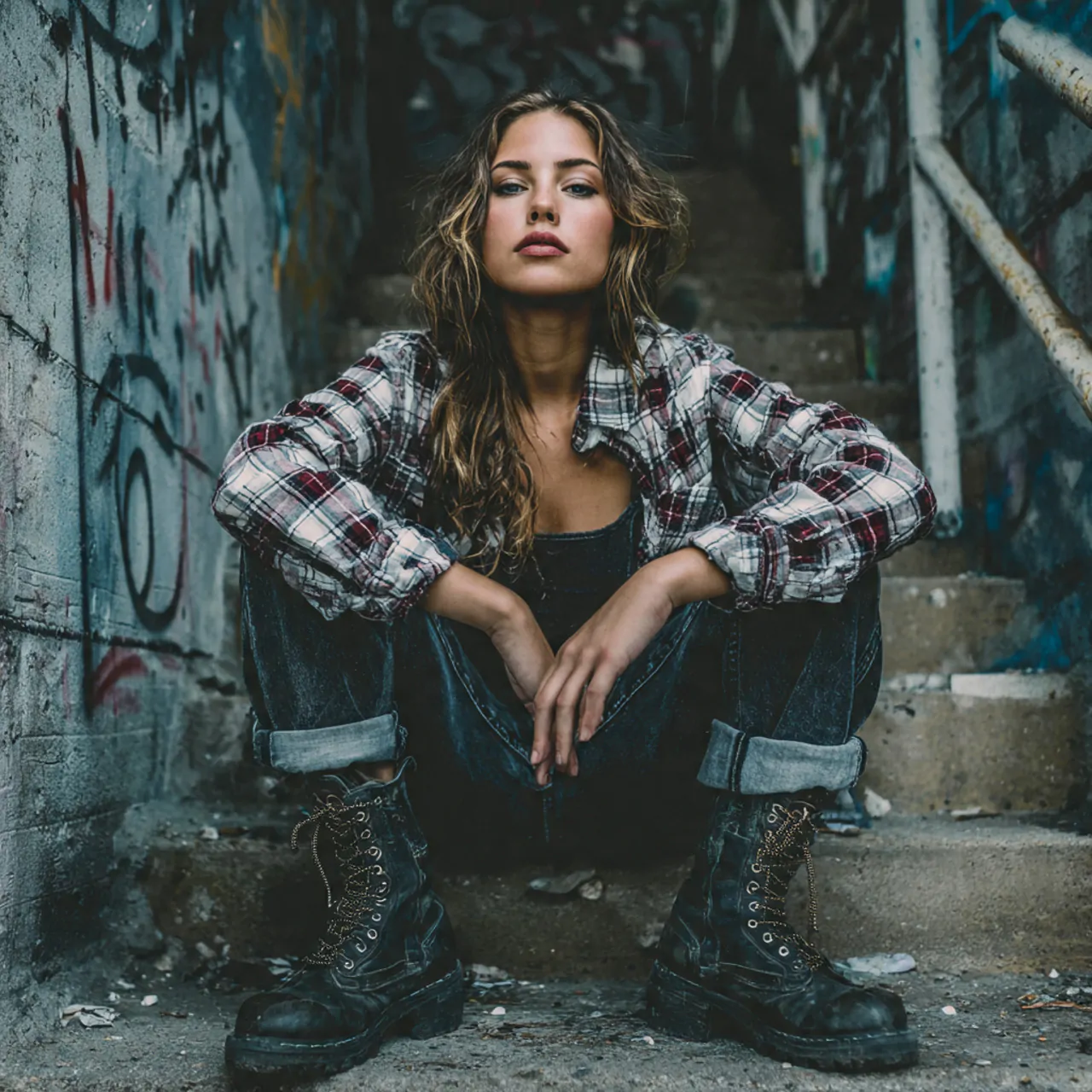 create a woman image wearing plaid shirt with dark