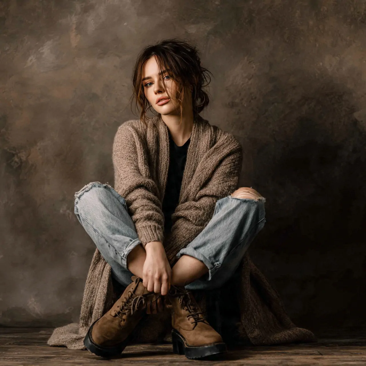create a woman image wearing relaxed cardigan with