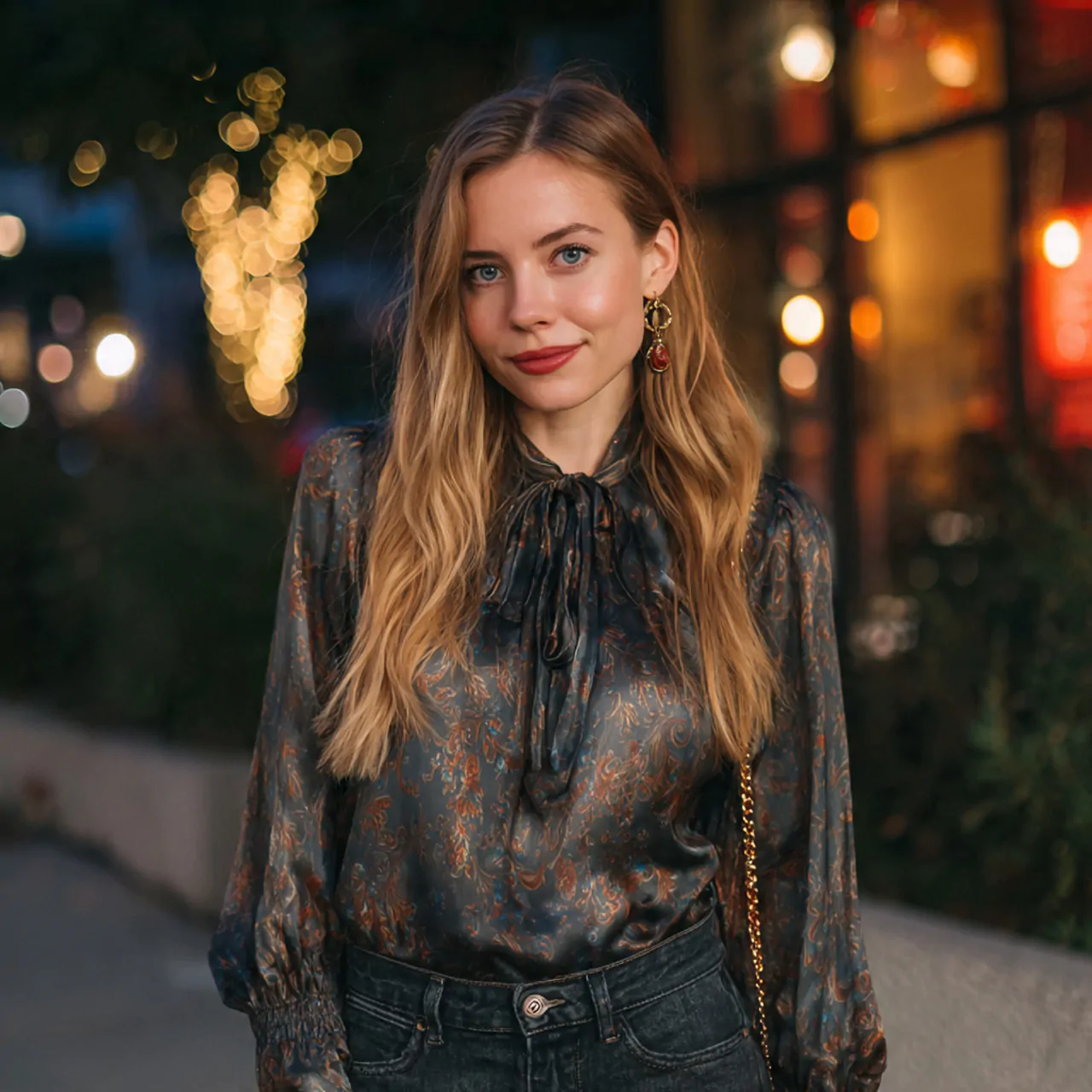 dark wash jeans with a silk blousedate night outfi