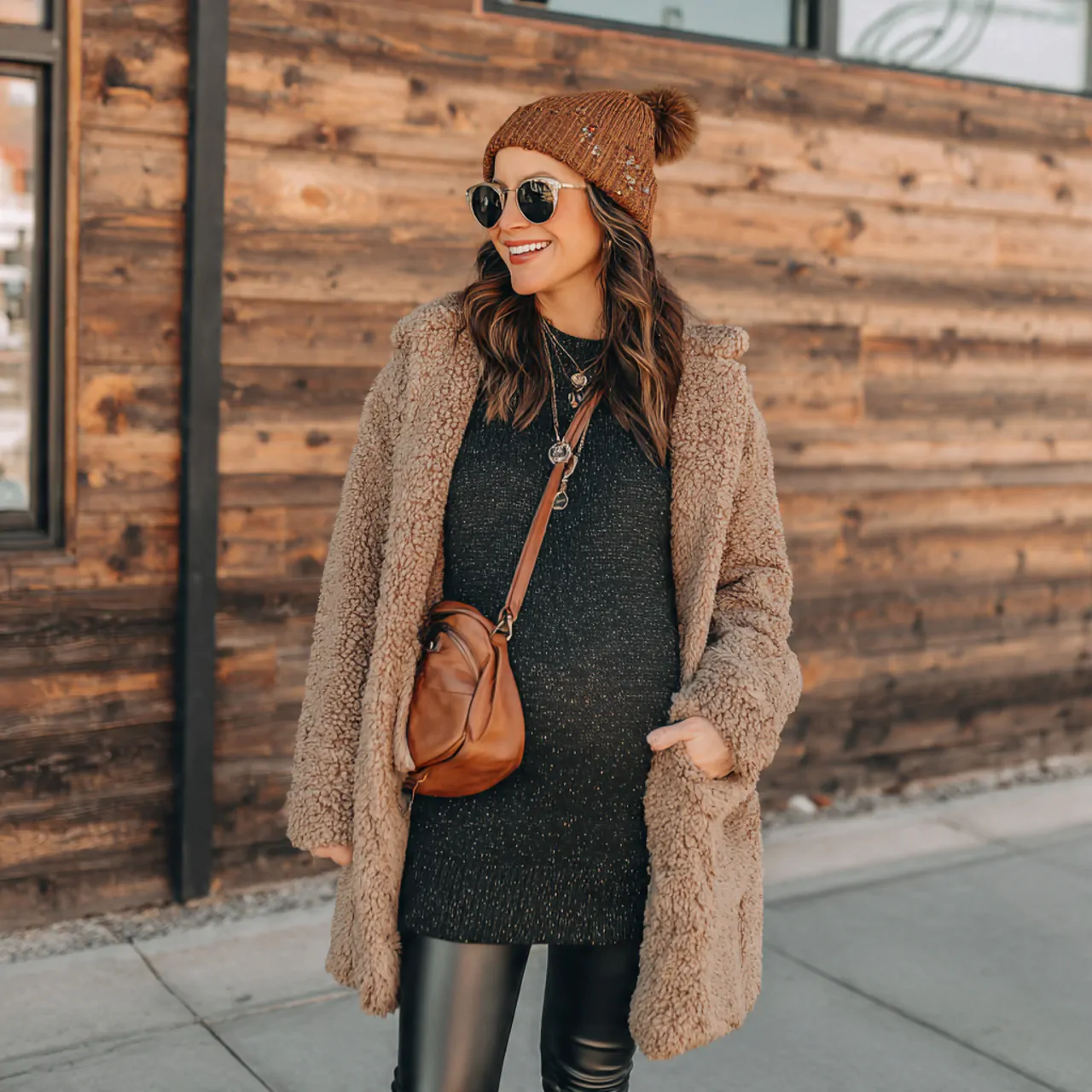 faux leather leggings with tunic knit and teddy co