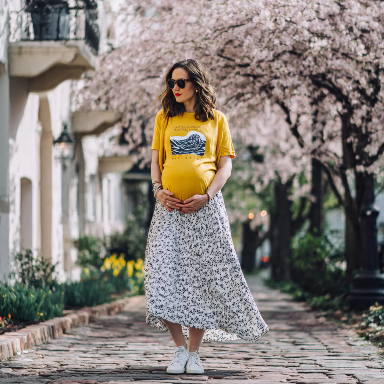 graphic tee with flowing midi skirt spring pregnan