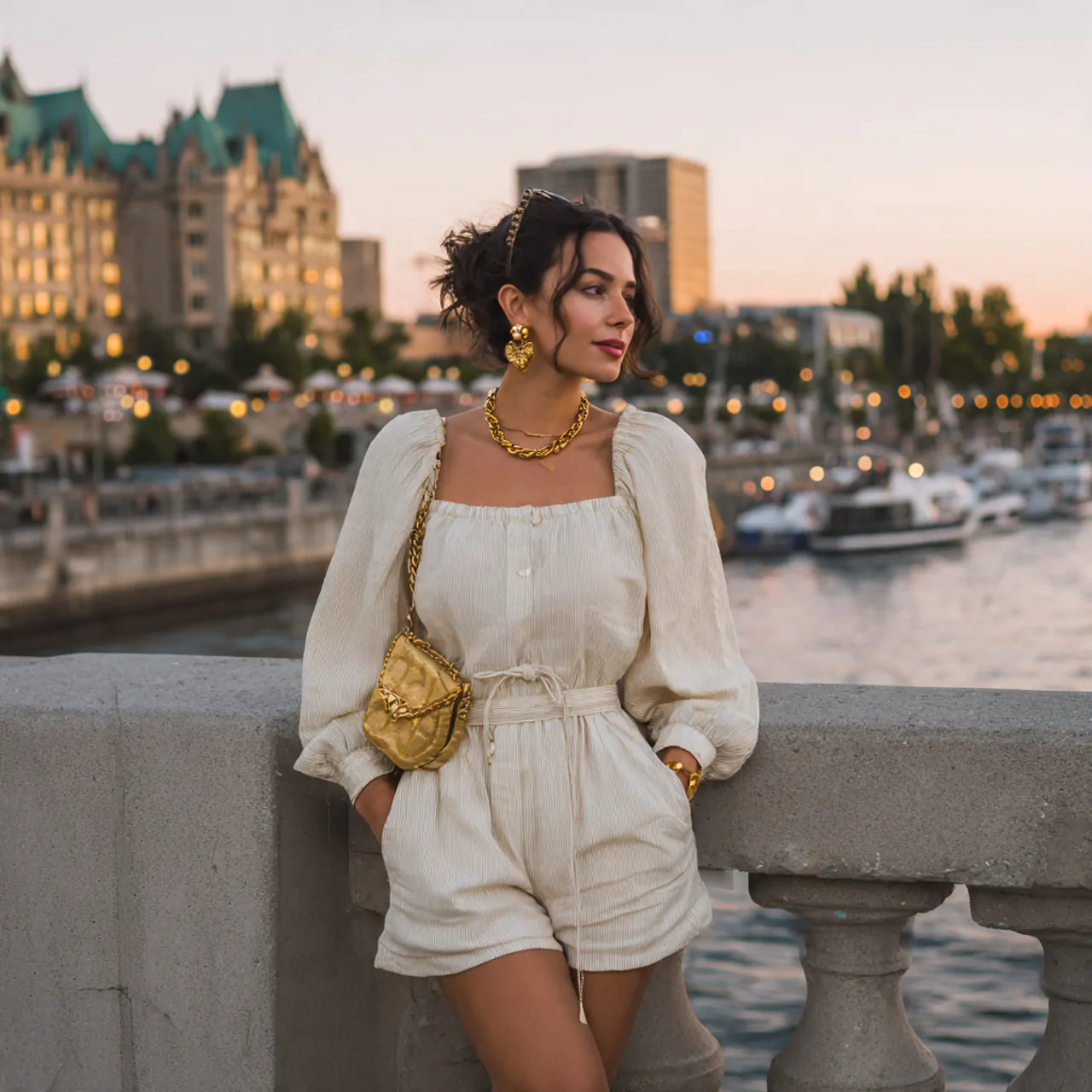 linen co ord with gold accessoriesdate night outfi