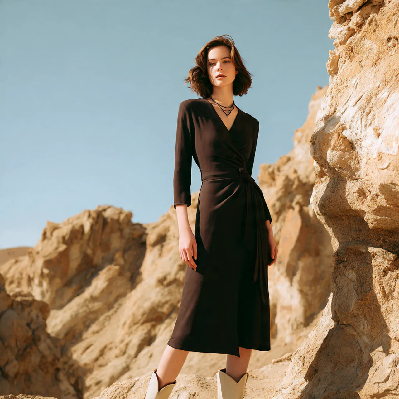 luxe wrap dress with defined waist with cozy backg 1
