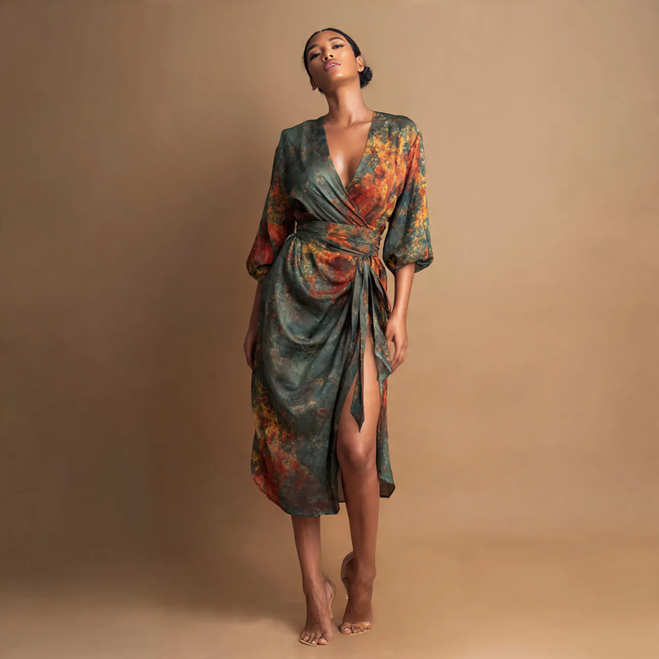 luxe wrap dress with defined waist with cozy backg