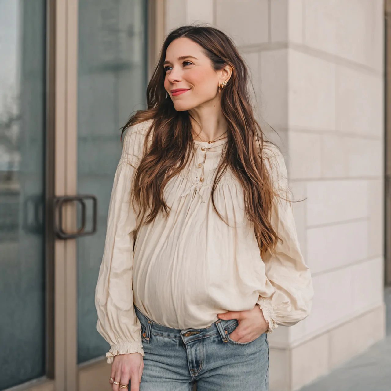 maternity jeans with soft blousespring pregnancy o