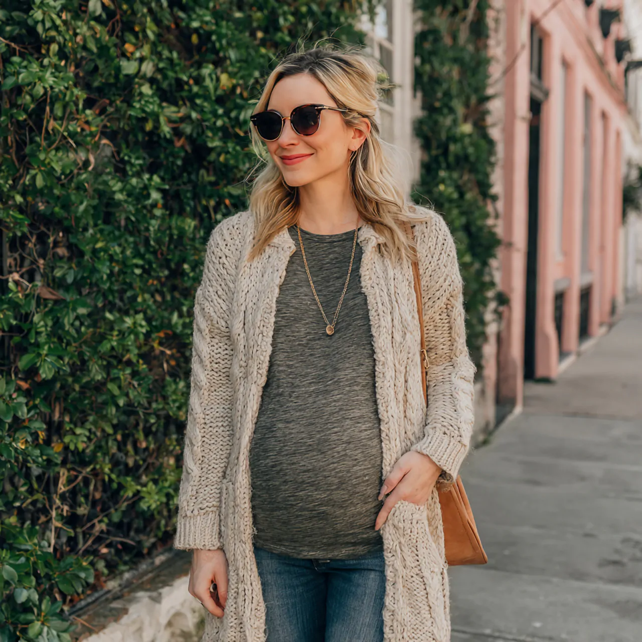 maternity jeans with thermal top and chunky cardig