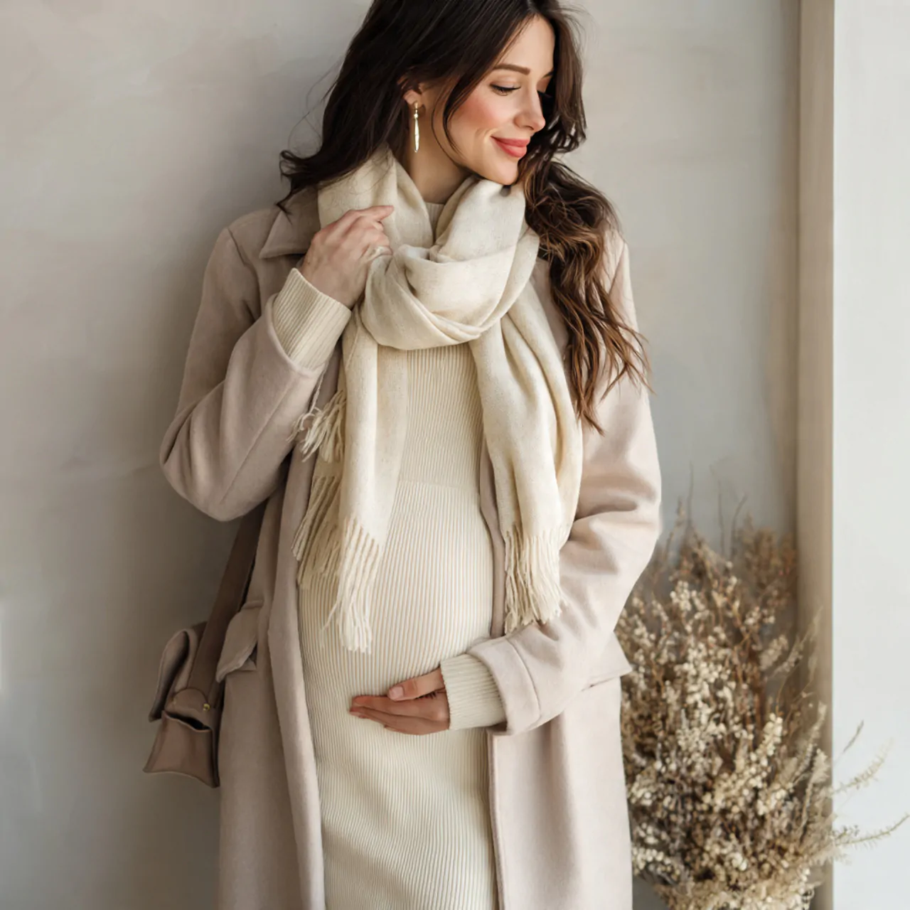 Casual Pregnancy Outfits: 16 Stylish and Comfortable Looks for Everyday Wear 16 monochrome neutral set with a long coatcasual preg