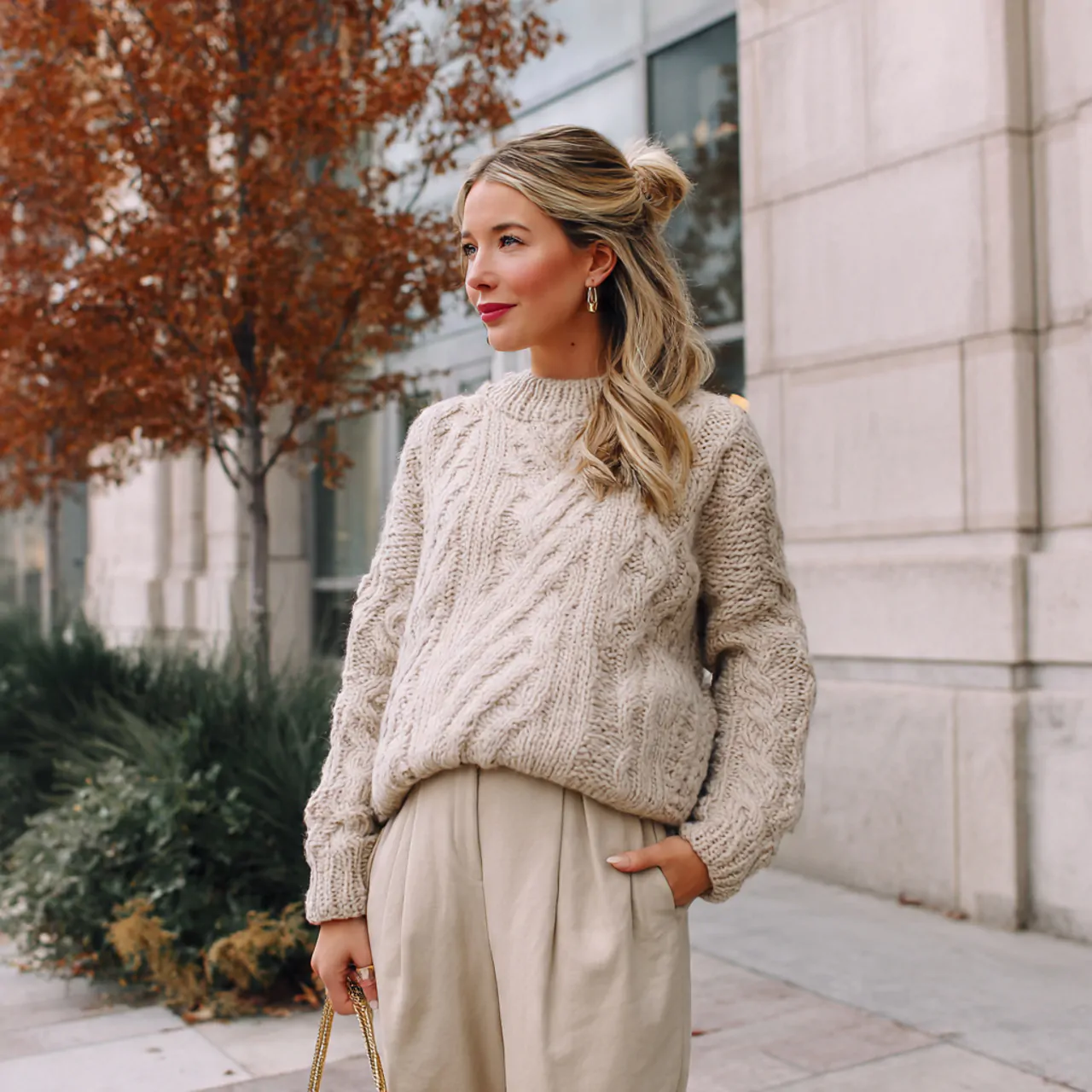 neutral sweater with over bump tailored trouserspr