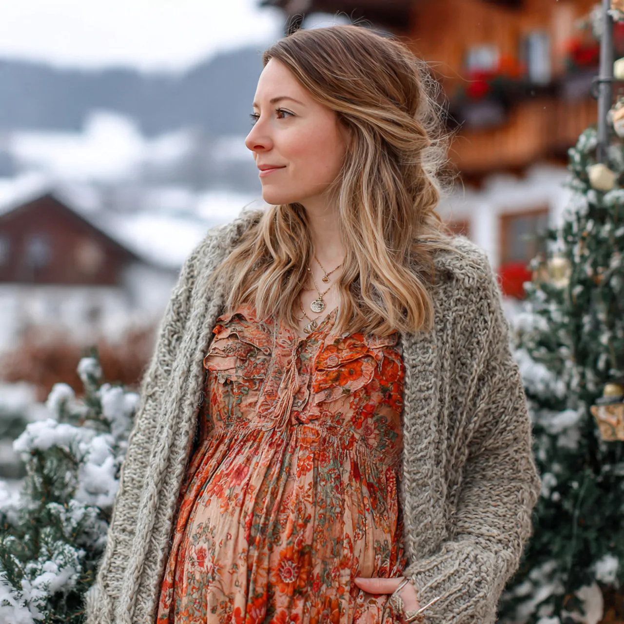 printed maxi dress with chunky knit and wool coatp