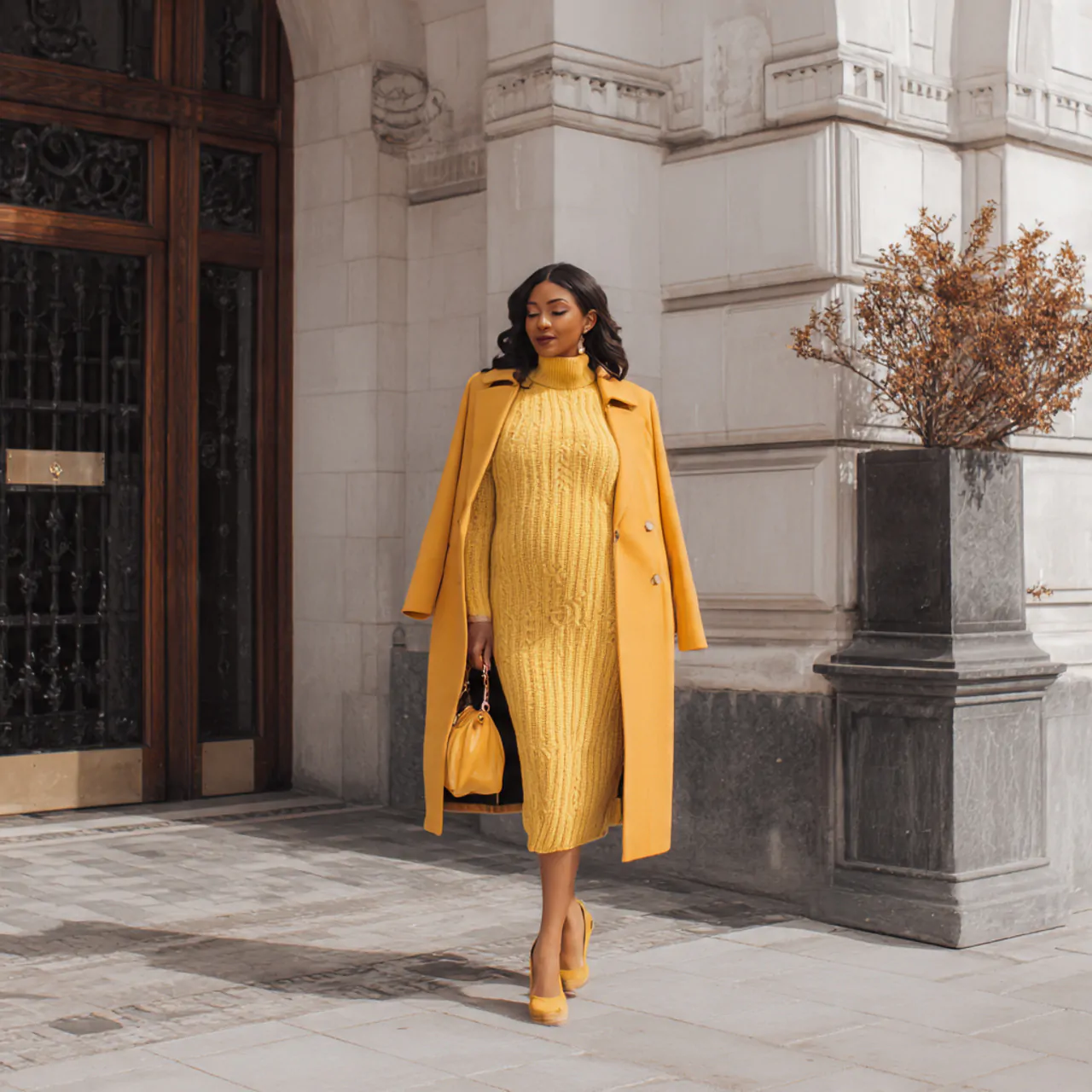 ribbed knit midi dress with long coatpregnancy out