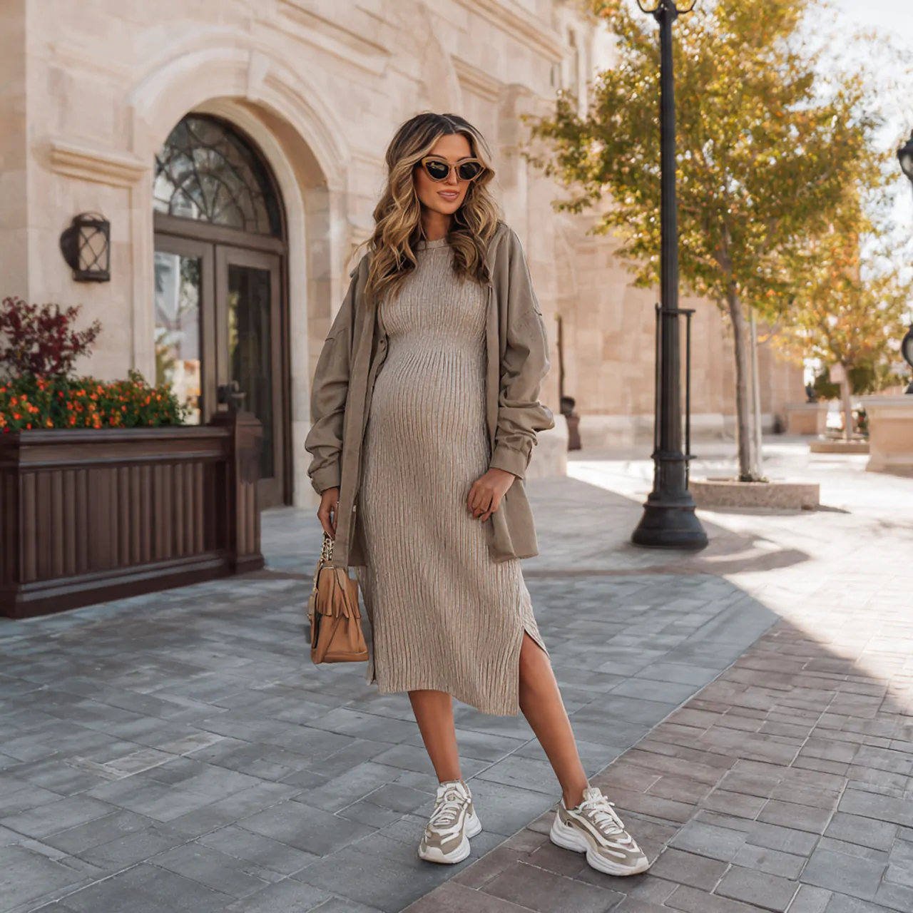 ribbed midi dress with oversized shirtspring pregn 1