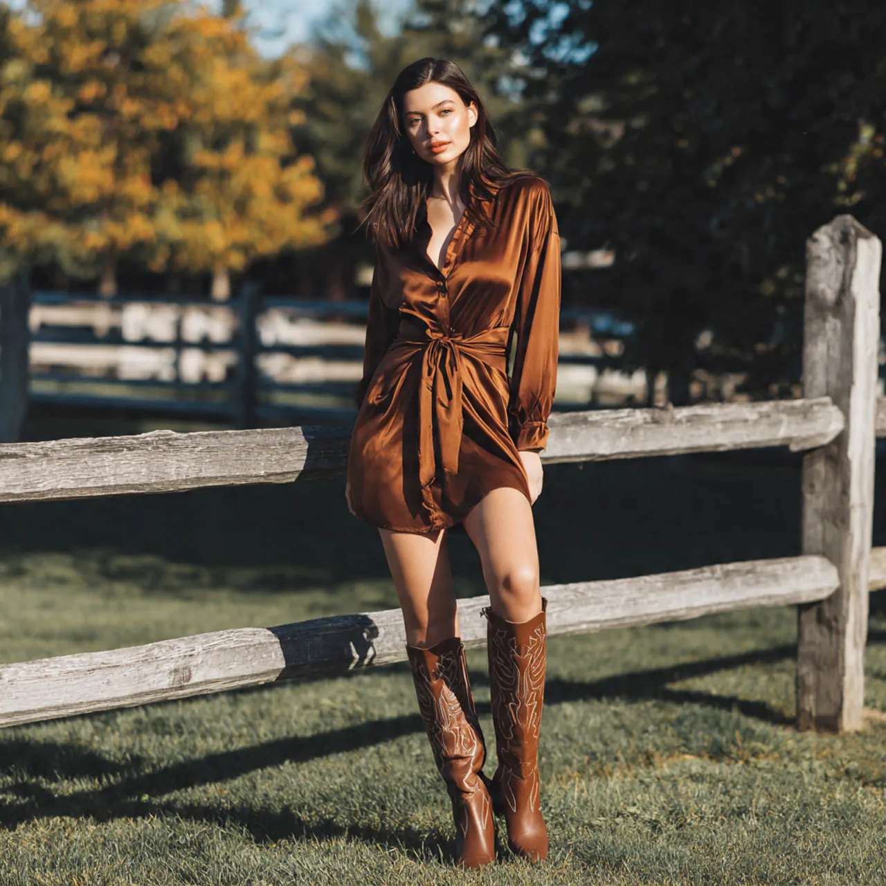 satin shirt dress with knee high bootswestern outf