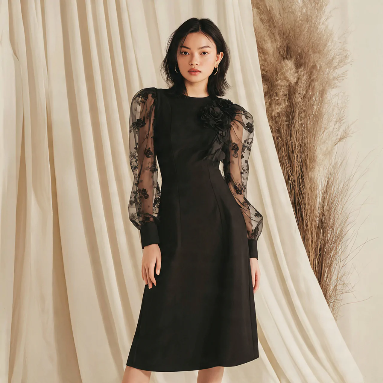 sheer sleeve midi with romantic detail in black wi