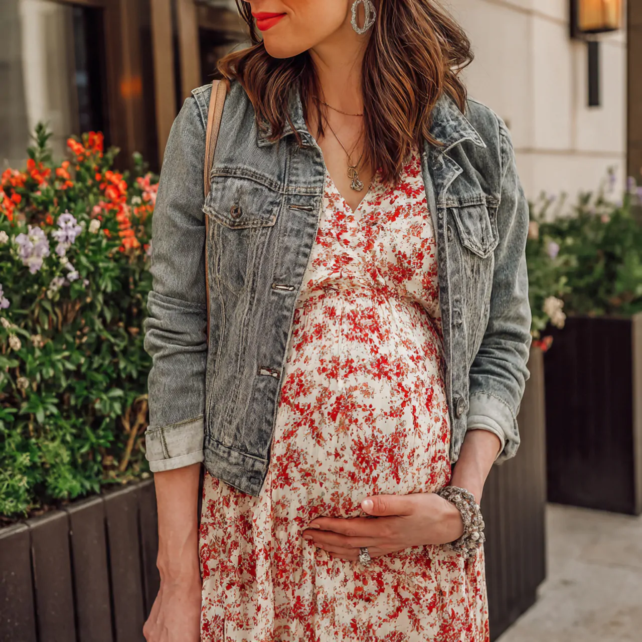 smocked floral maxi dress with denim jackettspring