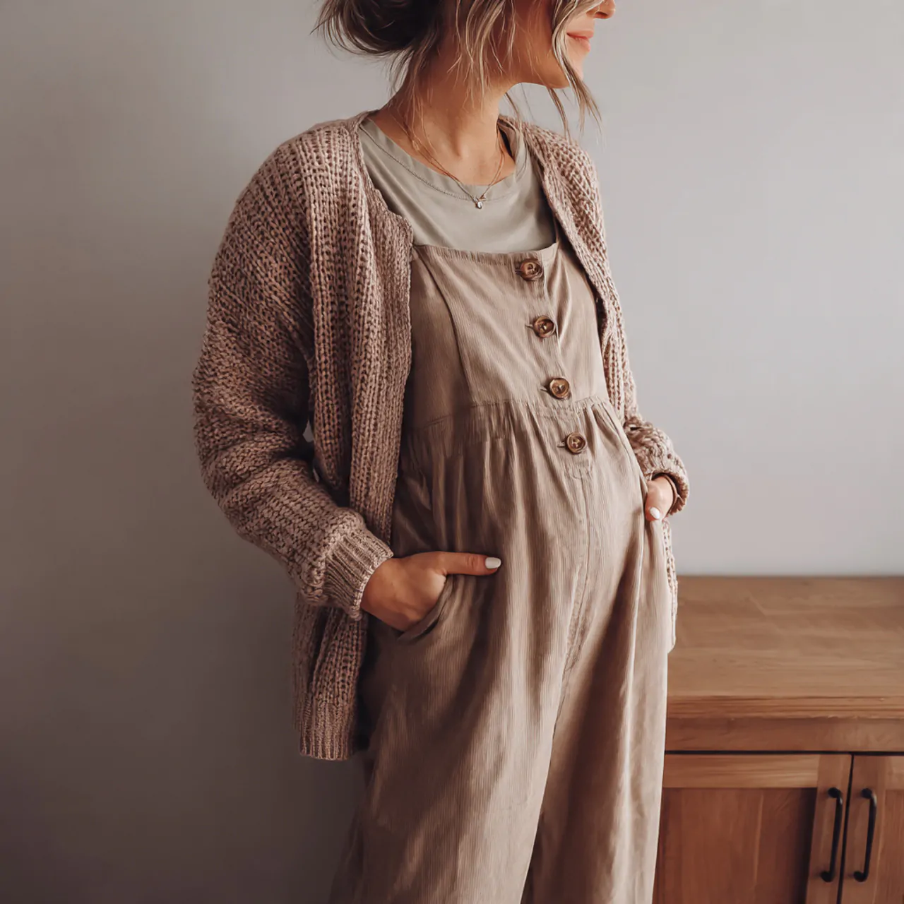 Casual Pregnancy Outfits: 16 Stylish and Comfortable Looks for Everyday Wear 11 soft jumpsuit with a cropped cardigancasual pregna