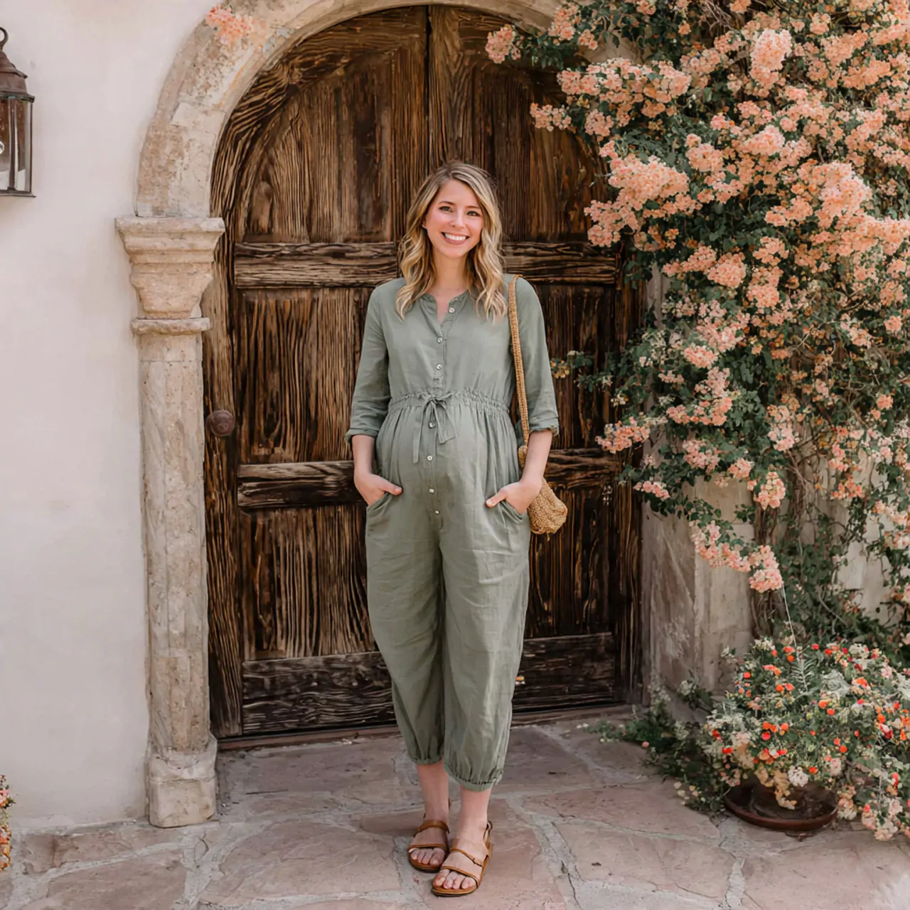 soft jumpsuit with flat sandalsspring pregnancy ou
