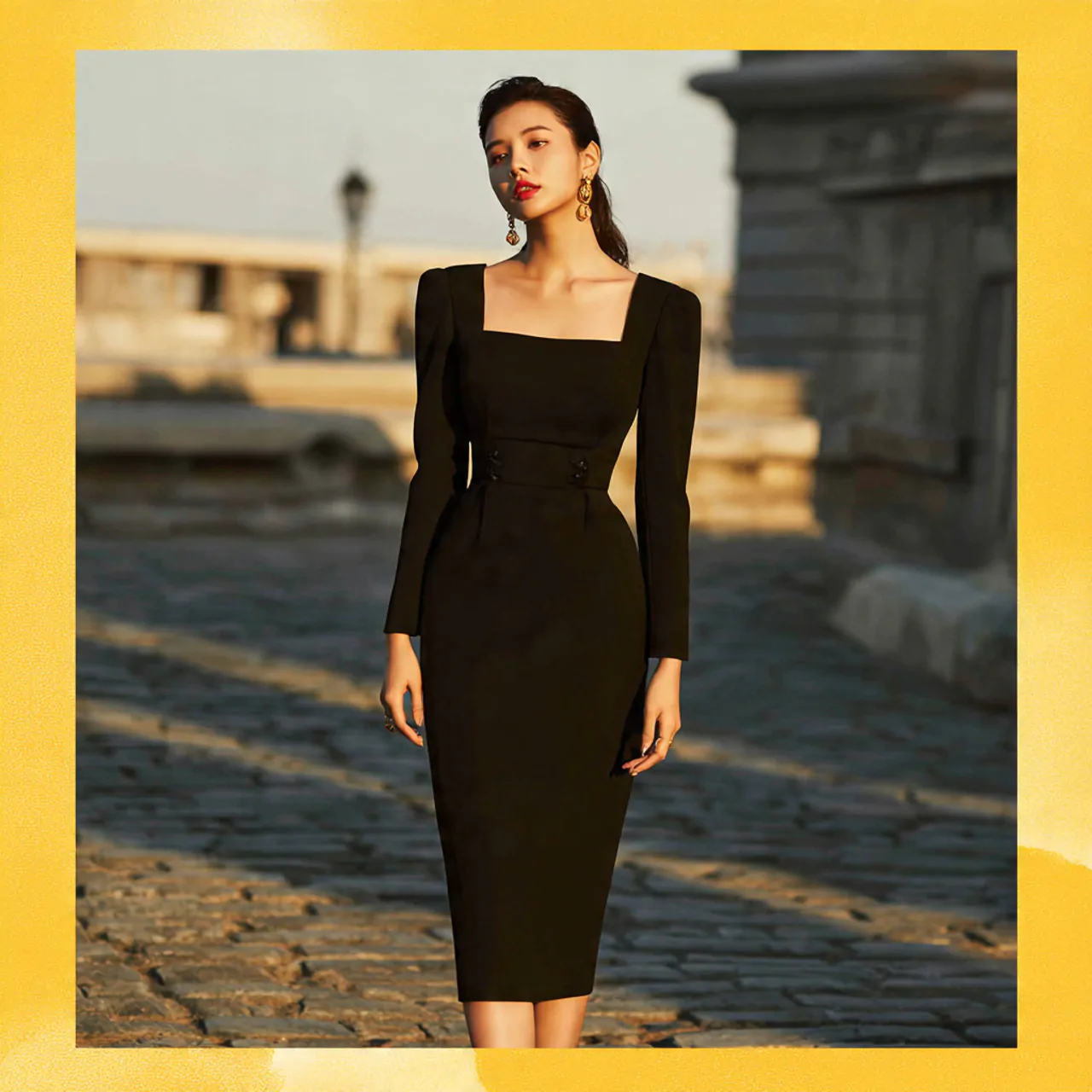 square neck tailored midi in black colour with coz