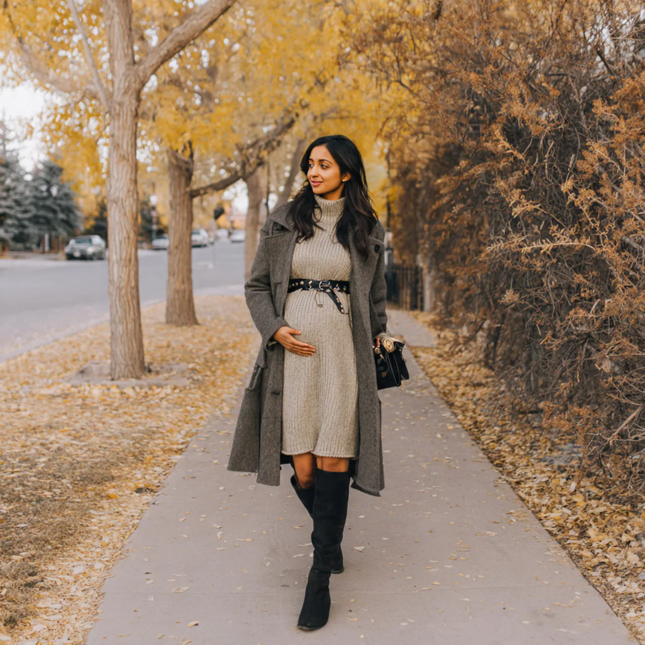 sweater dress with tall boots and soft belted coat 1