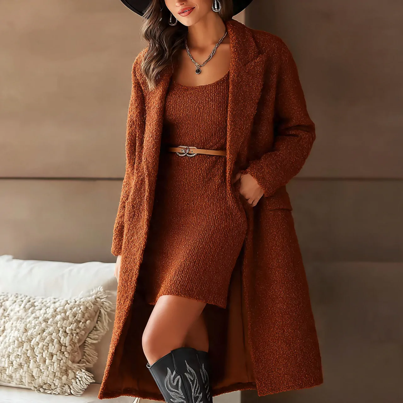 tailored mini dress with longline coatwestern outf