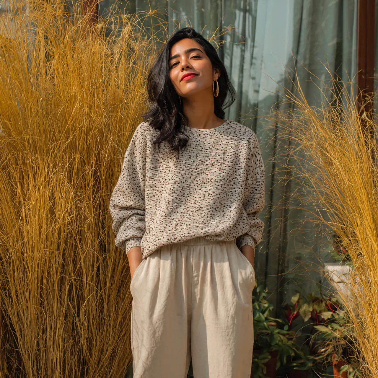 textured top with relaxed trousersdate night outfi