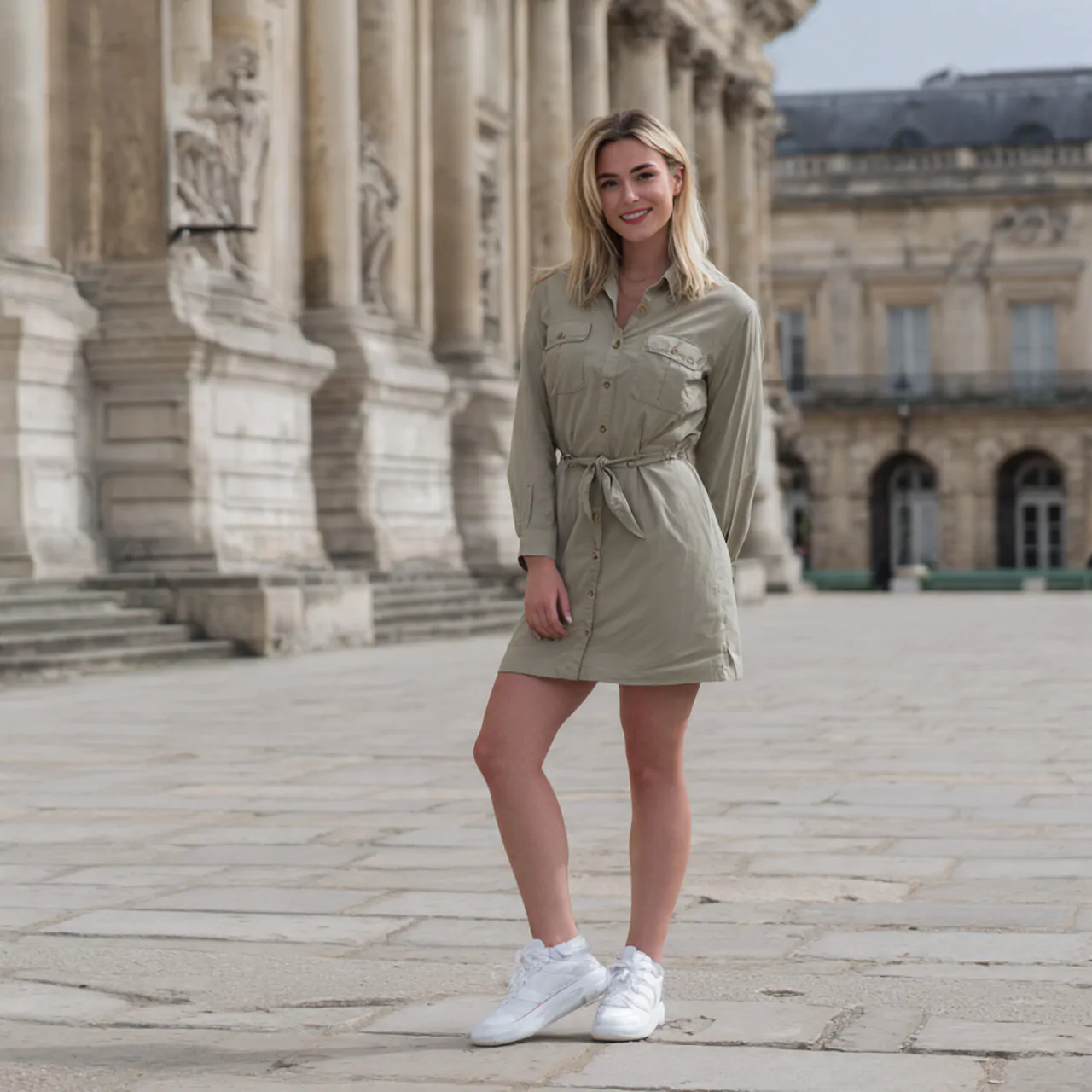 utility dress with clean white sneakerswestern out