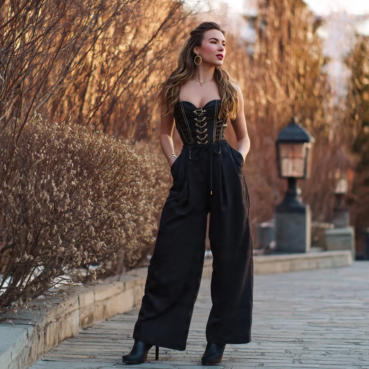 wide leg trousers with a corset inspired topdate n