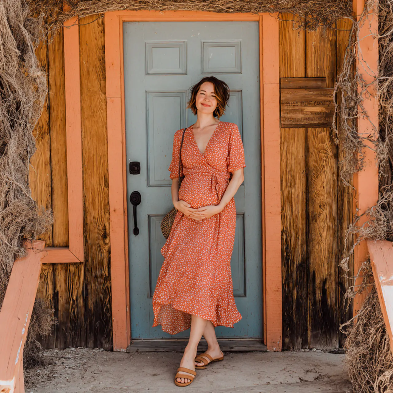 wrap dress with flat sandalsspring pregnancy outfi