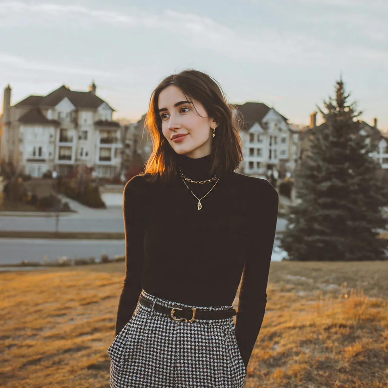 black midi skirt with a fitted turtleneckmovie dat