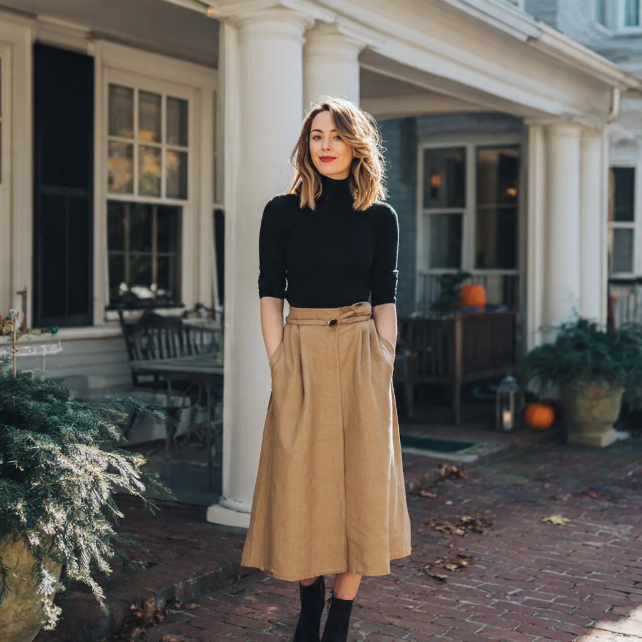 17 Thanksgiving Outfit Looks for Chic, Comfortable Holiday Style 11 black mock neck top with camel midi skirtthanksgiv