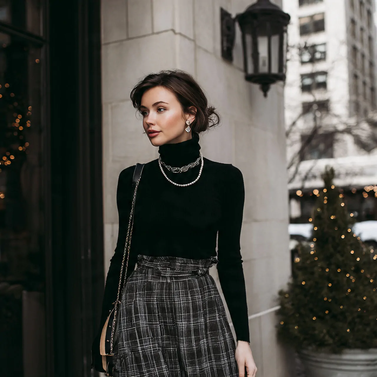 Thanksgiving Dinner Outfit: Chic, Comfortable Looks to Wear This Season 7 black turtleneck with plaid midi skirtthanksgiving