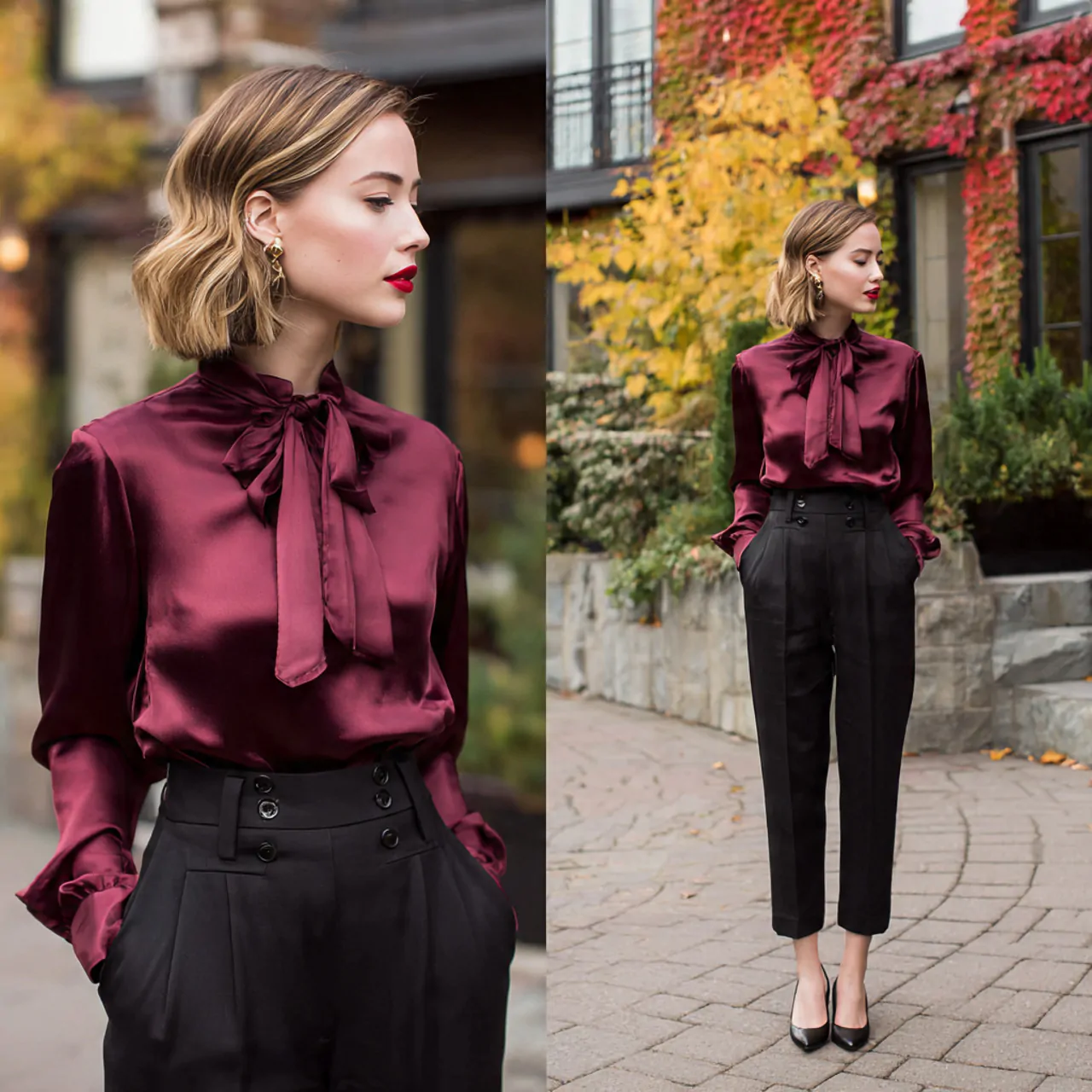 17 Thanksgiving Outfit Looks for Chic, Comfortable Holiday Style 3 burgundy satin blouse with tailored black trousers
