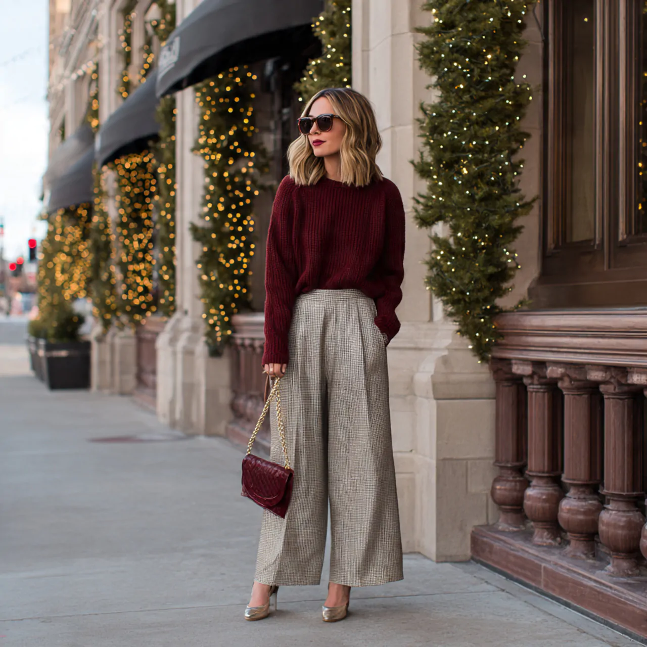 Thanksgiving Dinner Outfit: Chic, Comfortable Looks to Wear This Season 2 burgundy sweater with wide leg trousersthanksgivin