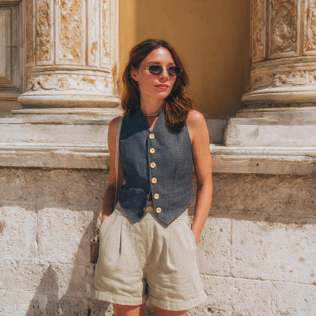 16 Chic Comfy Casual Summer Outfits That Are Easy to Wear 10 button front vest with linen shortscomfy casual su