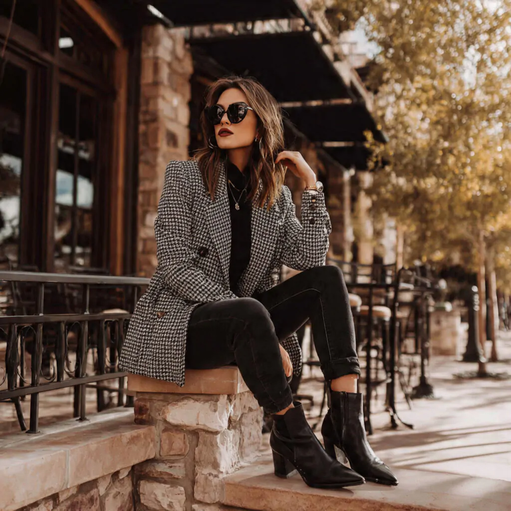 Blazer Outfits for Women Classy: 16 Elevated Looks That Feel Polished, Modern, and Easy to Wear 9 checked blazer with black jeans and bootsblazer ou