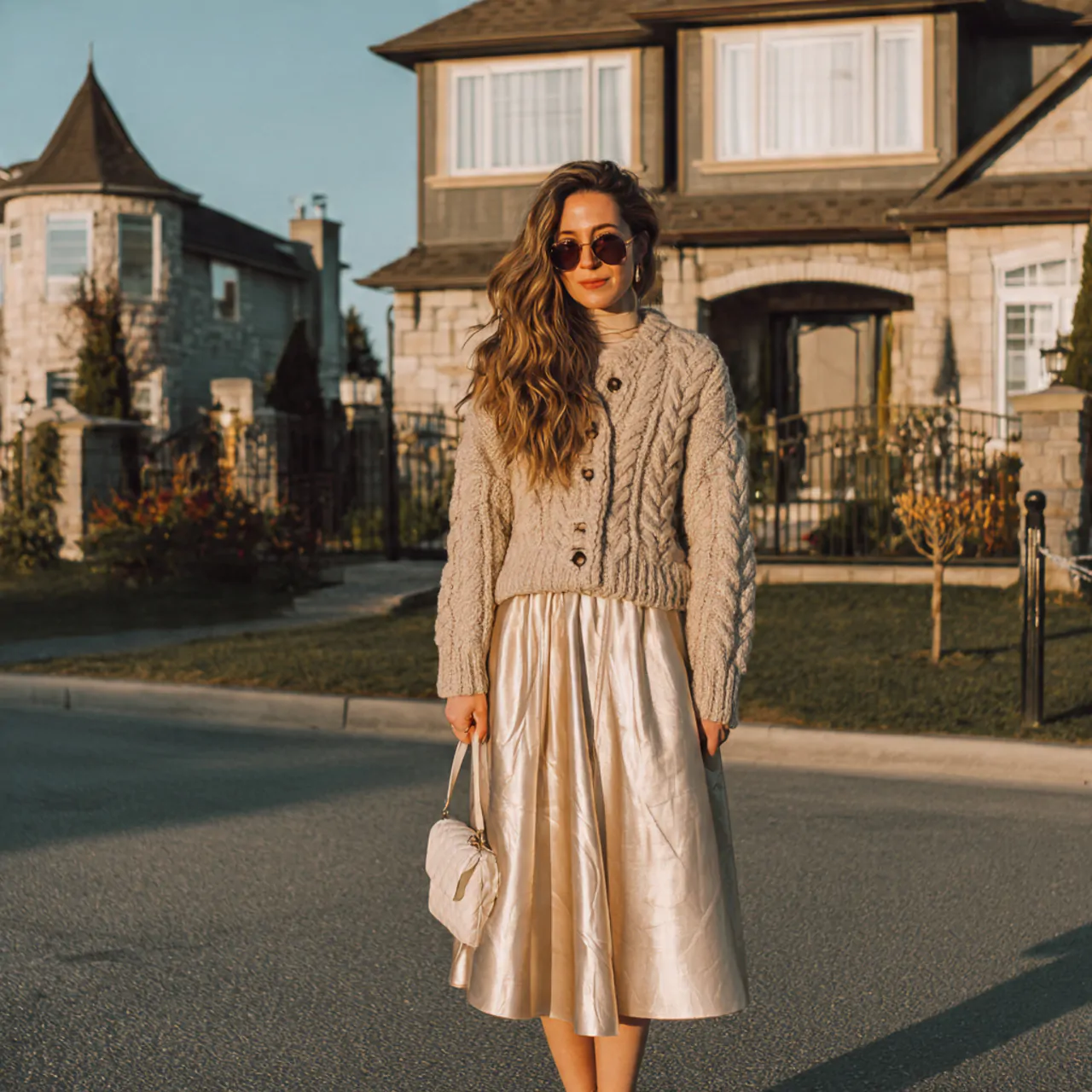 17 Thanksgiving Outfit Looks for Chic, Comfortable Holiday Style 4 chunky cardigan with champagne midi skirtthanksgiv