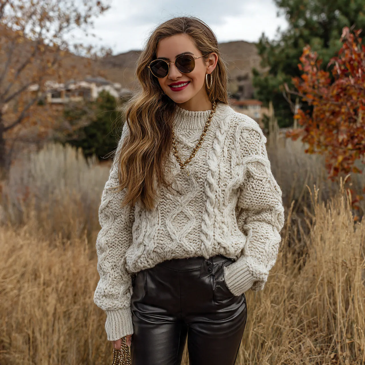Thanksgiving Dinner Outfit: Chic, Comfortable Looks to Wear This Season 9 chunky knit sweater with faux leather leggingsthan