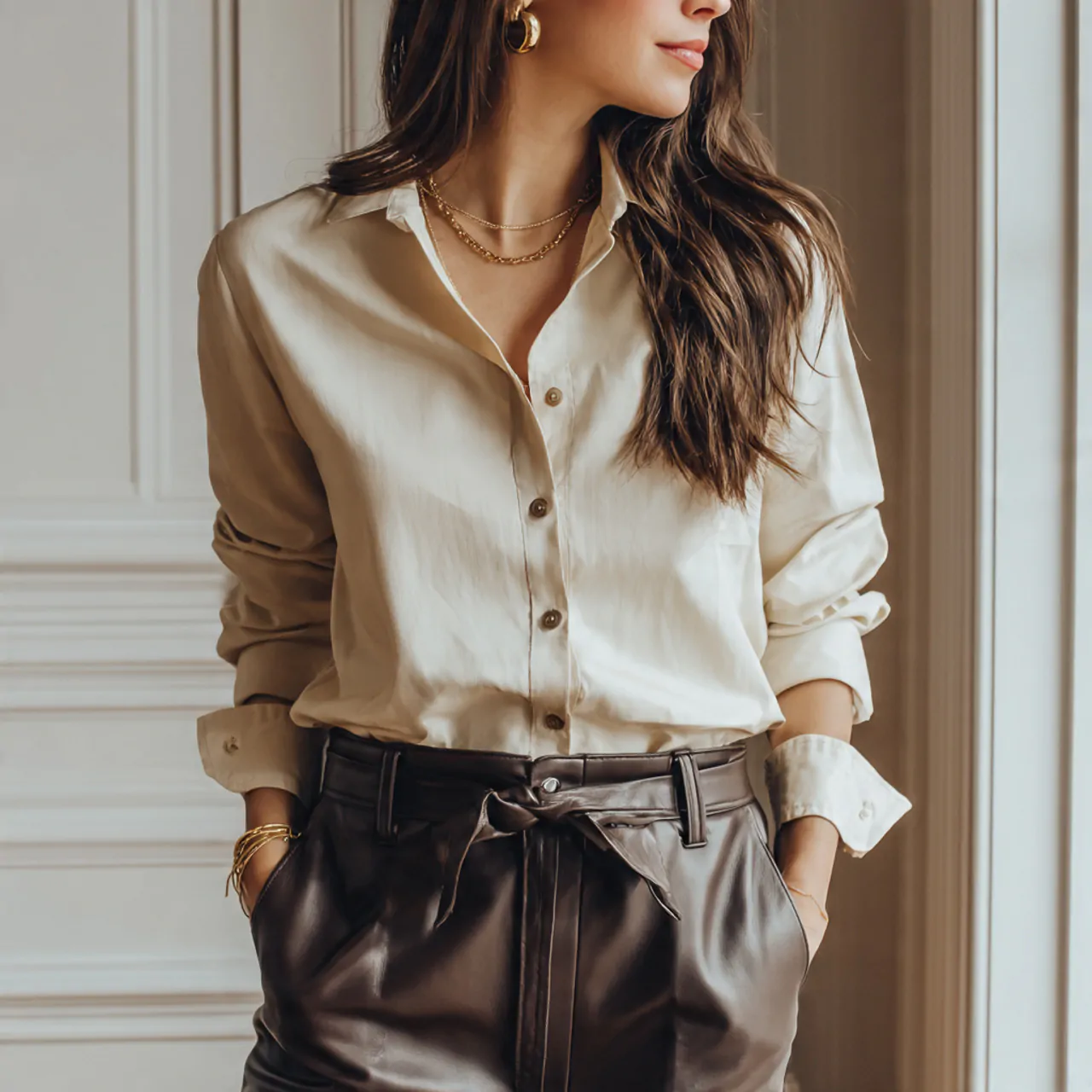 17 Thanksgiving Outfit Looks for Chic, Comfortable Holiday Style 14 cream button up with faux leather trousersthanksgi