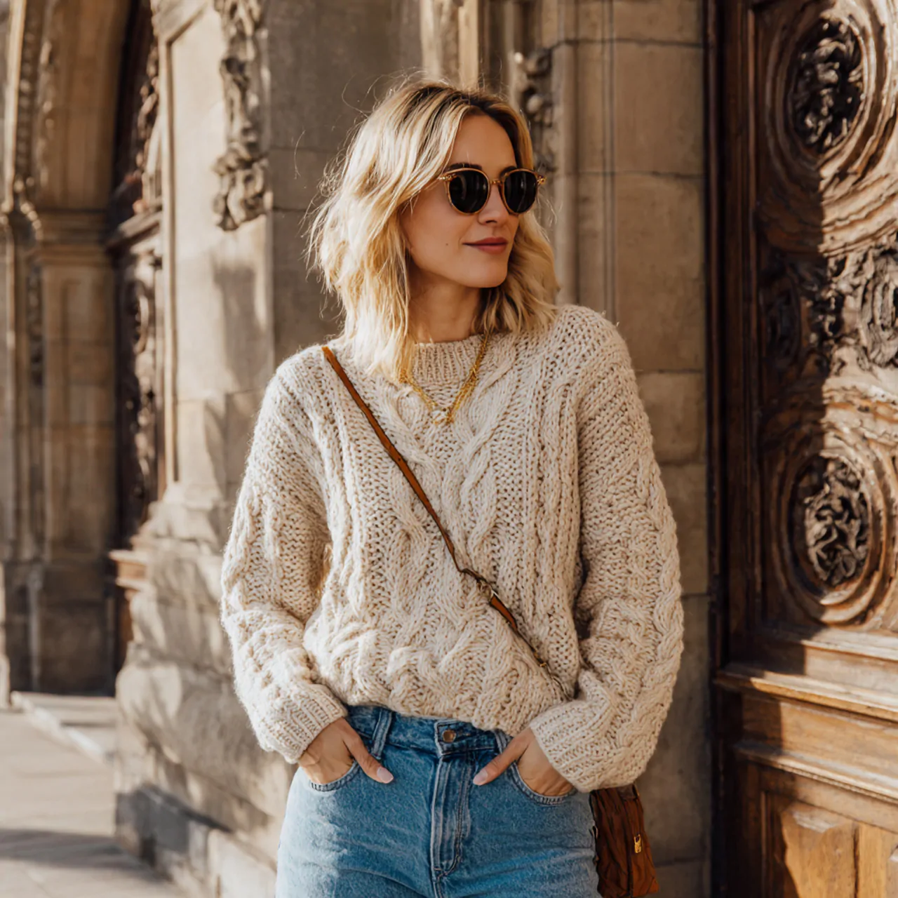cream chunky knit with straight blue jeansthanksgi
