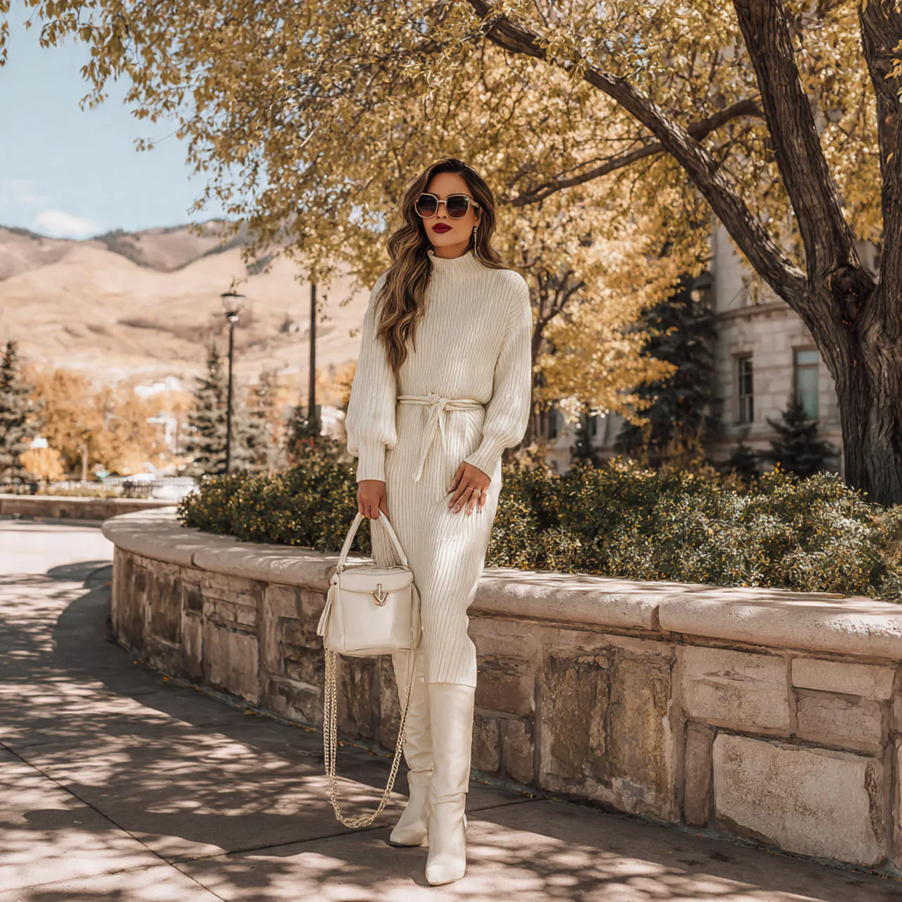 Thanksgiving Dinner Outfit: Chic, Comfortable Looks to Wear This Season 1 cream knit midi dress with knee high bootsthanksgi 2