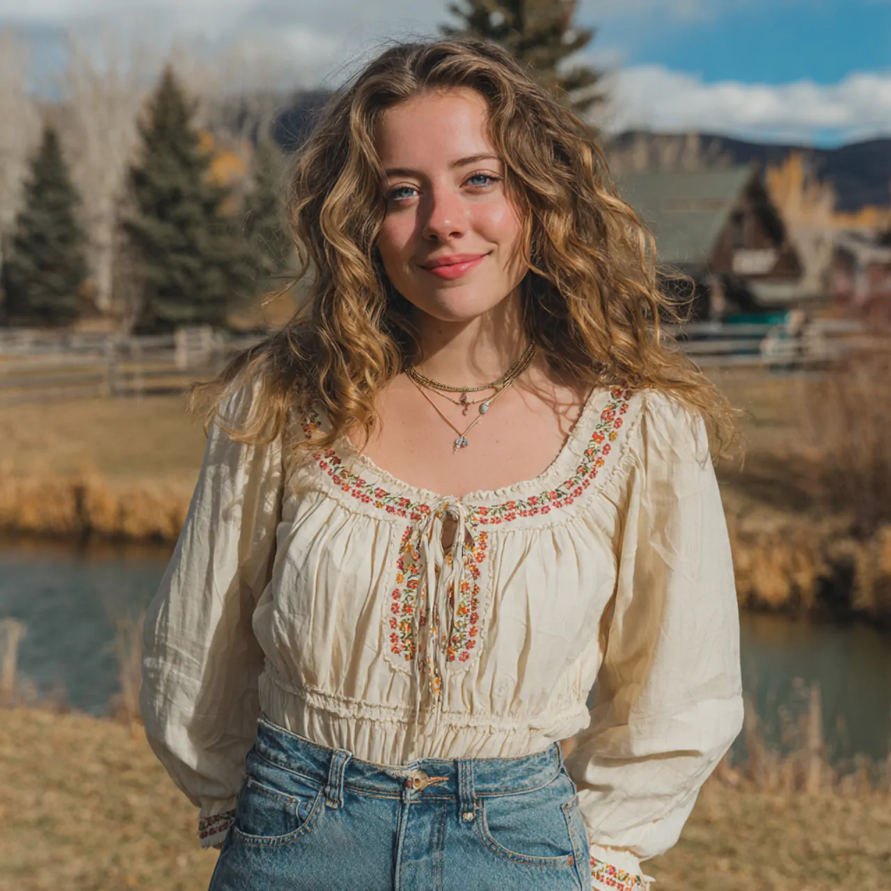 cream peasant blouse with flared denimhippie chic