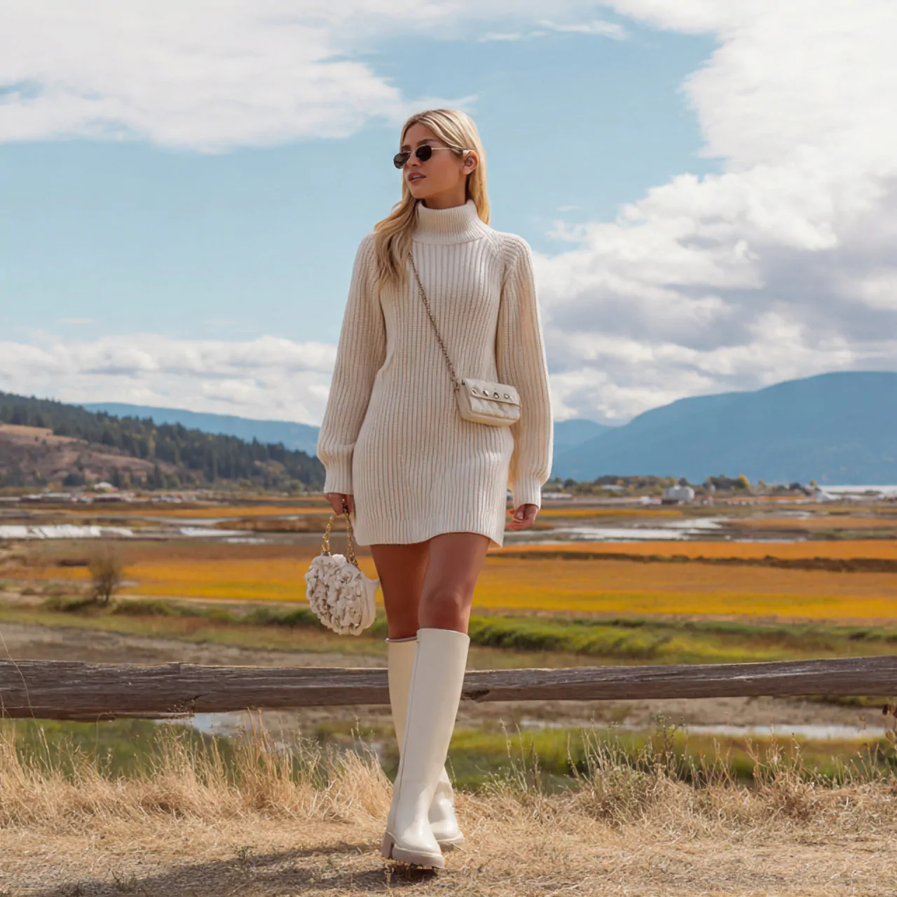 17 Thanksgiving Outfit Looks for Chic, Comfortable Holiday Style 2 cream ribbed sweater dress with knee high boots th